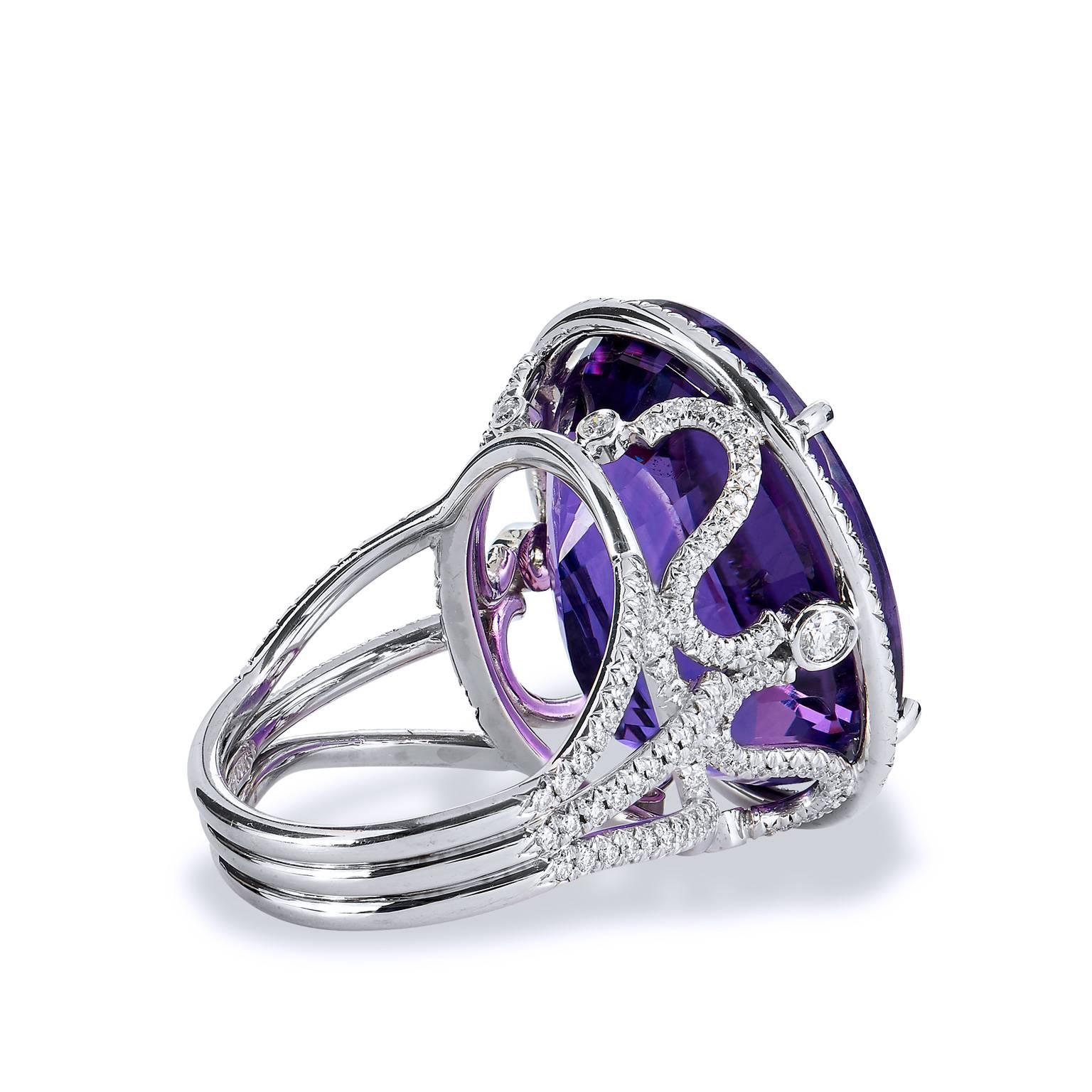 Oval Cut Handmade 22.70 Carat Amethyst and Diamond 18 Karat White Gold Cocktail Ring For Sale