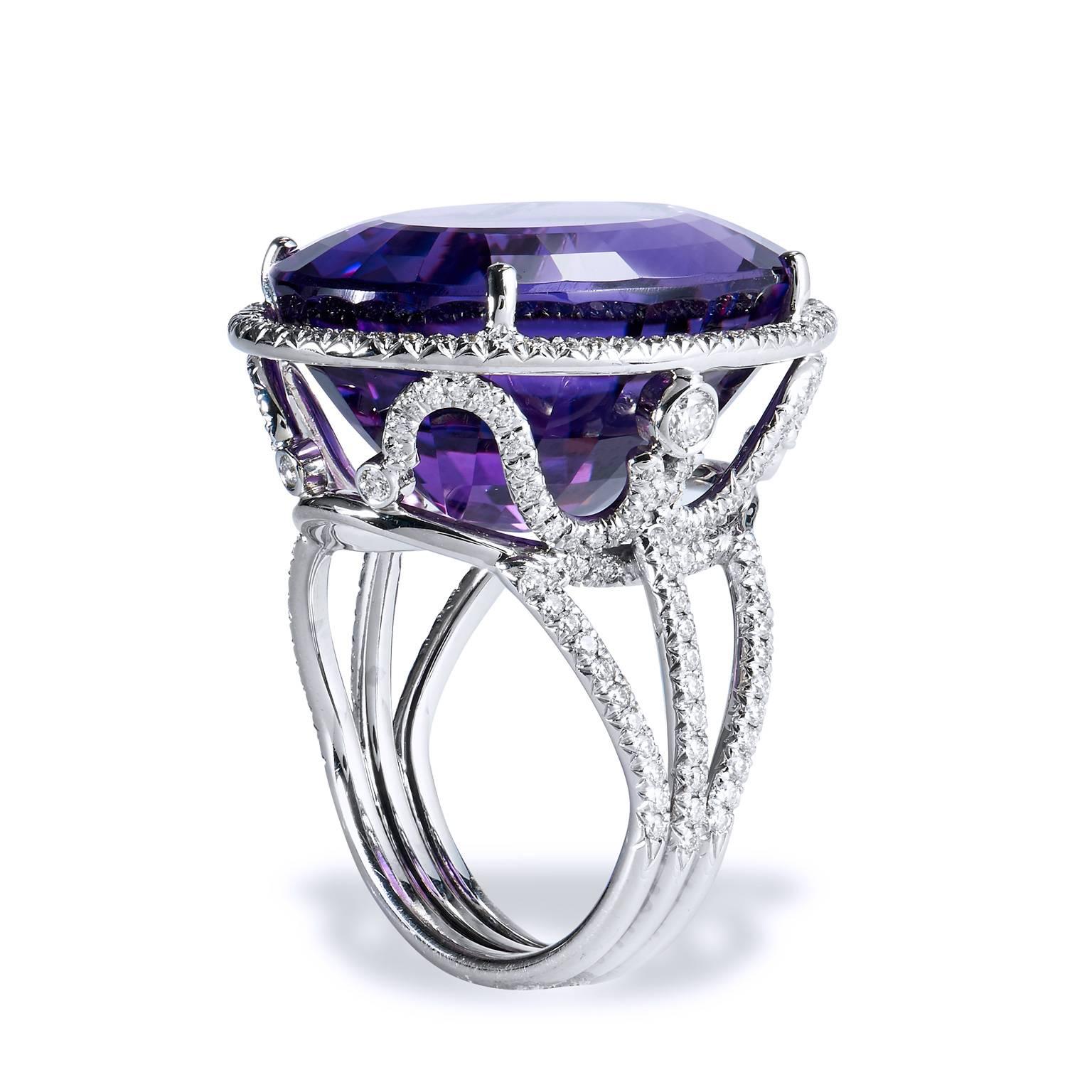 Handmade 22.70 Carat Amethyst and Diamond 18 Karat White Gold Cocktail Ring In New Condition For Sale In Miami, FL