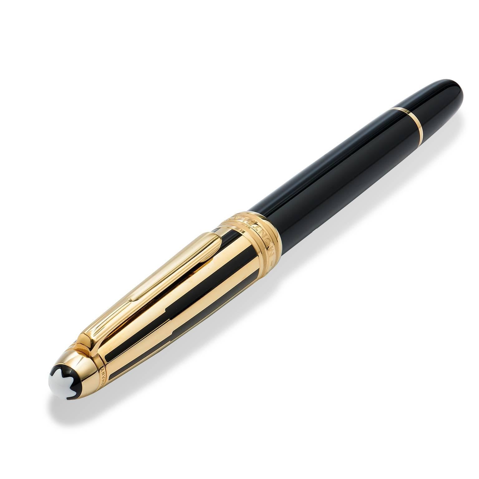 Mont Blanc is a brand that is synonymous with corporate luxury. This Mont Blanc Meisterstuck classique rollerball pen is gold plated with black laquer. Original Retail Price: $625. Our Price: $500
