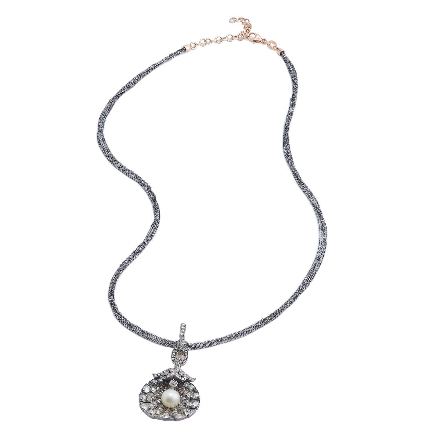 Women's Georgian White Pearl and 2.50-3.00 Carat of Diamonds Silver and Gold Pendant