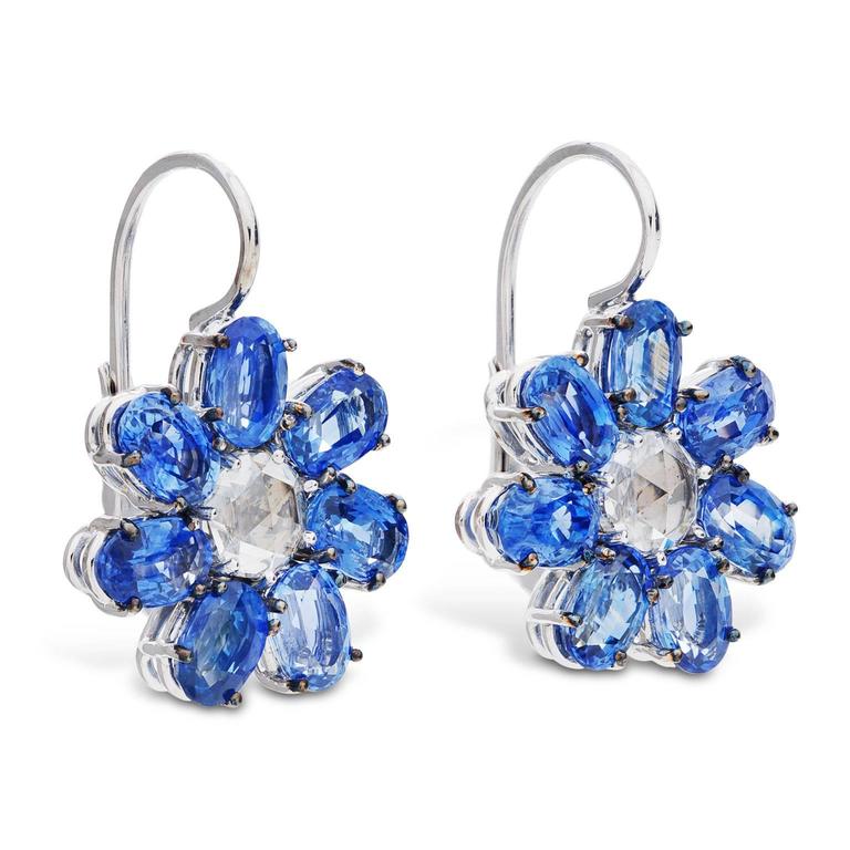 Oval Pastel Blue Sapphire Diamond Gold Flower Shaped Earrings at