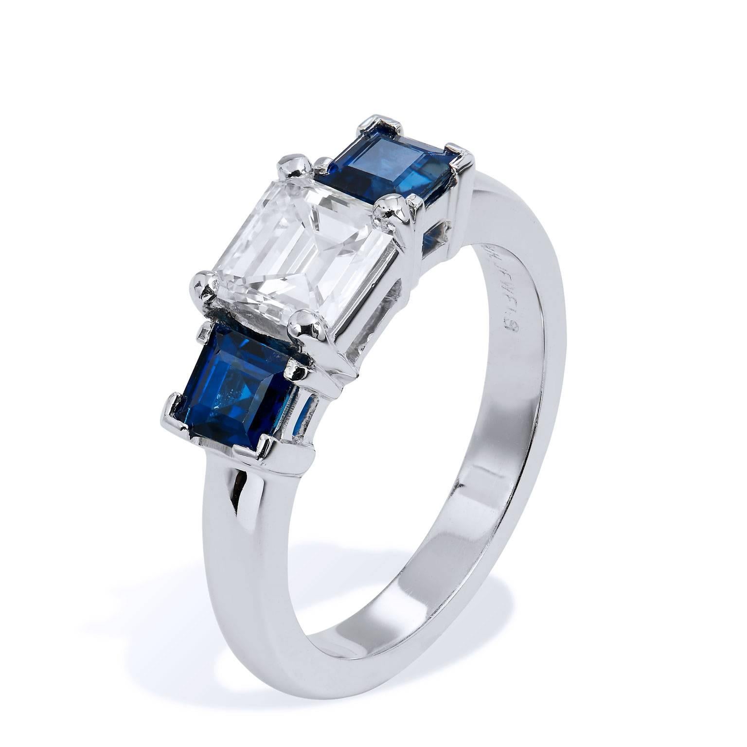 Emerald Cut Handmade Three-Stone Diamond and Sapphire 18-Karat Gold Ring by H&H Jewels