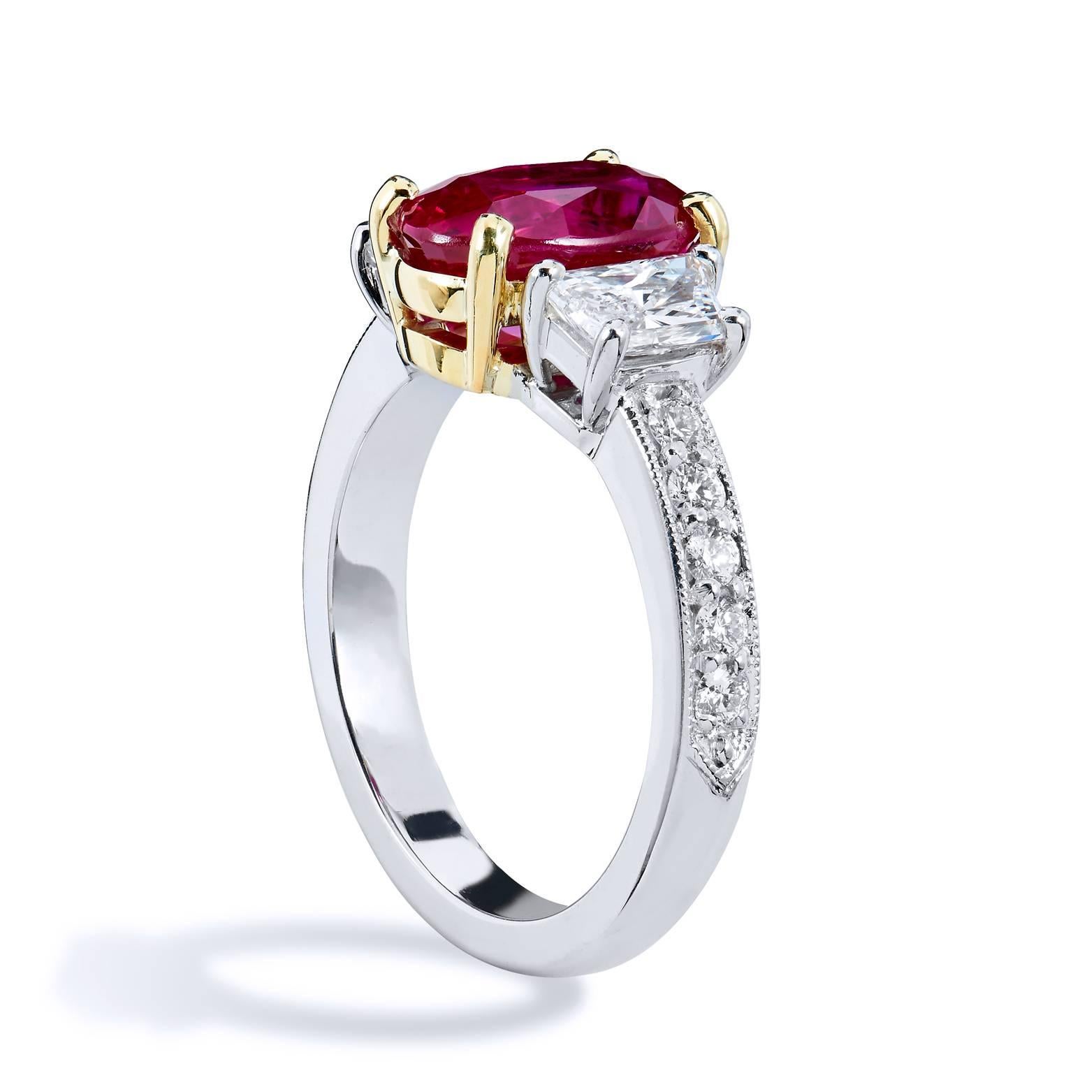 H & H GIA Certified 2.95 Burmese Ruby Diamond Gold Platinum Ring In New Condition In Miami, FL