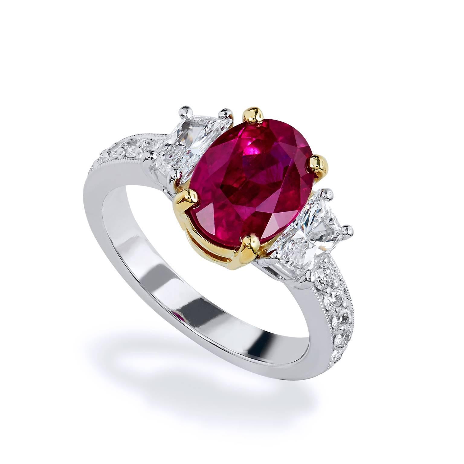 Modern H & H GIA Certified 2.95 Burmese Ruby Diamond Gold Platinum Ring