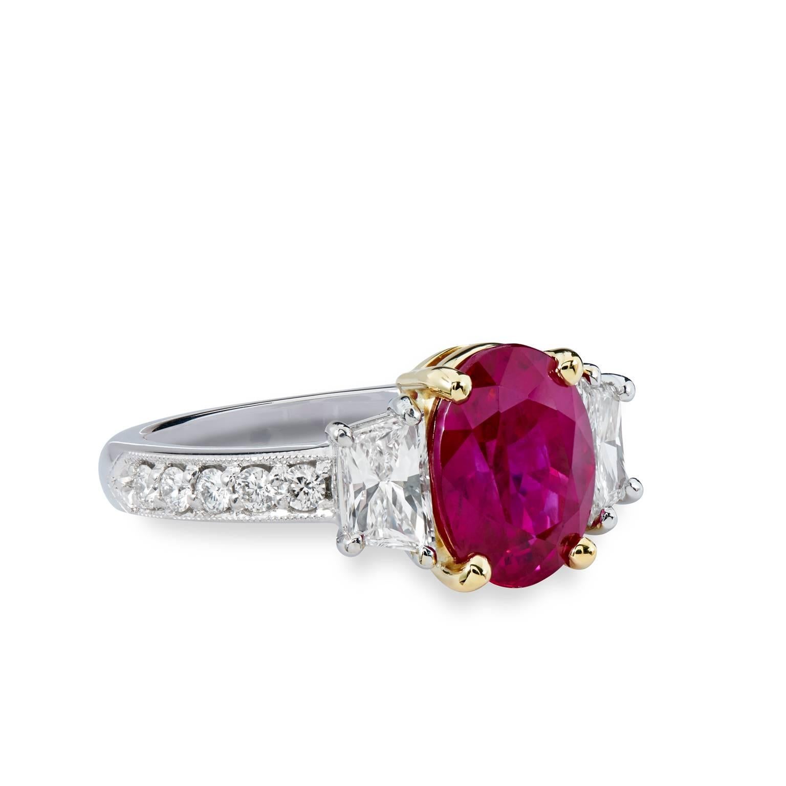 H & H GIA Certified 2.95 Burmese Ruby Diamond Gold Platinum Ring

This is a one of a kind, handmade ring, by H&H Jewels.  

This beautiful ring is created in 18 karat yellow gold that forms the bridge and gallery that affixes the striking 2.95 carat