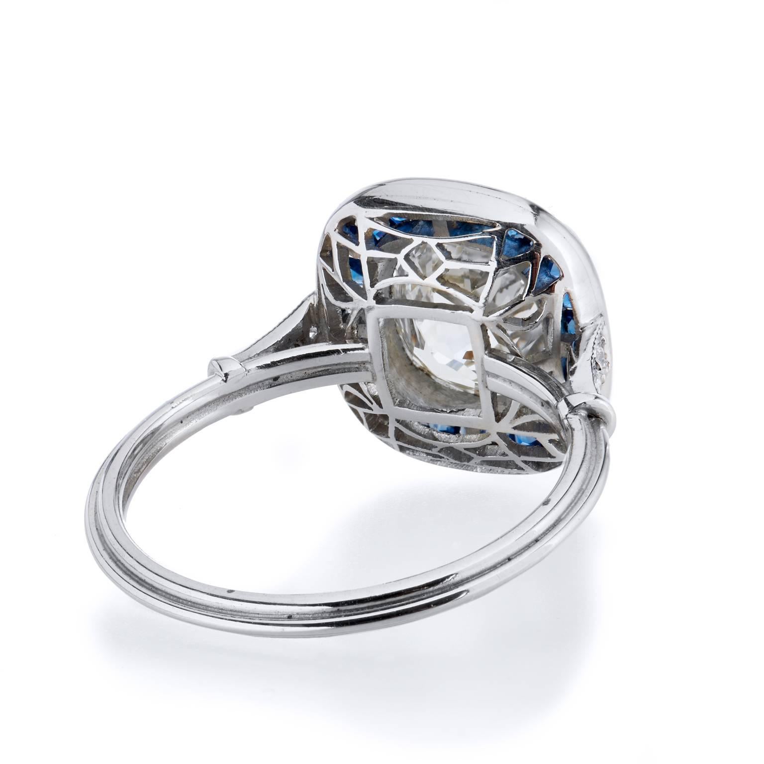 Antique Cushion Cut Art Deco Inspired Sapphire Diamond Gold Platinum Ring 6.25 For Sale