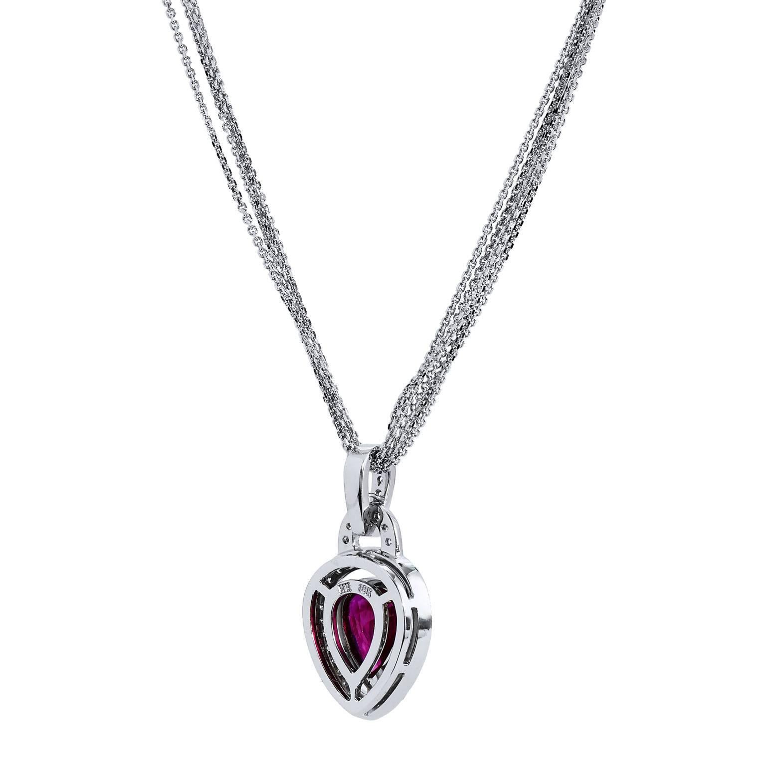 Pear Cut GIA Certified 2.00 Carat Pear Shaped Bezel Set Burmese Ruby Diamond Pendant For Sale