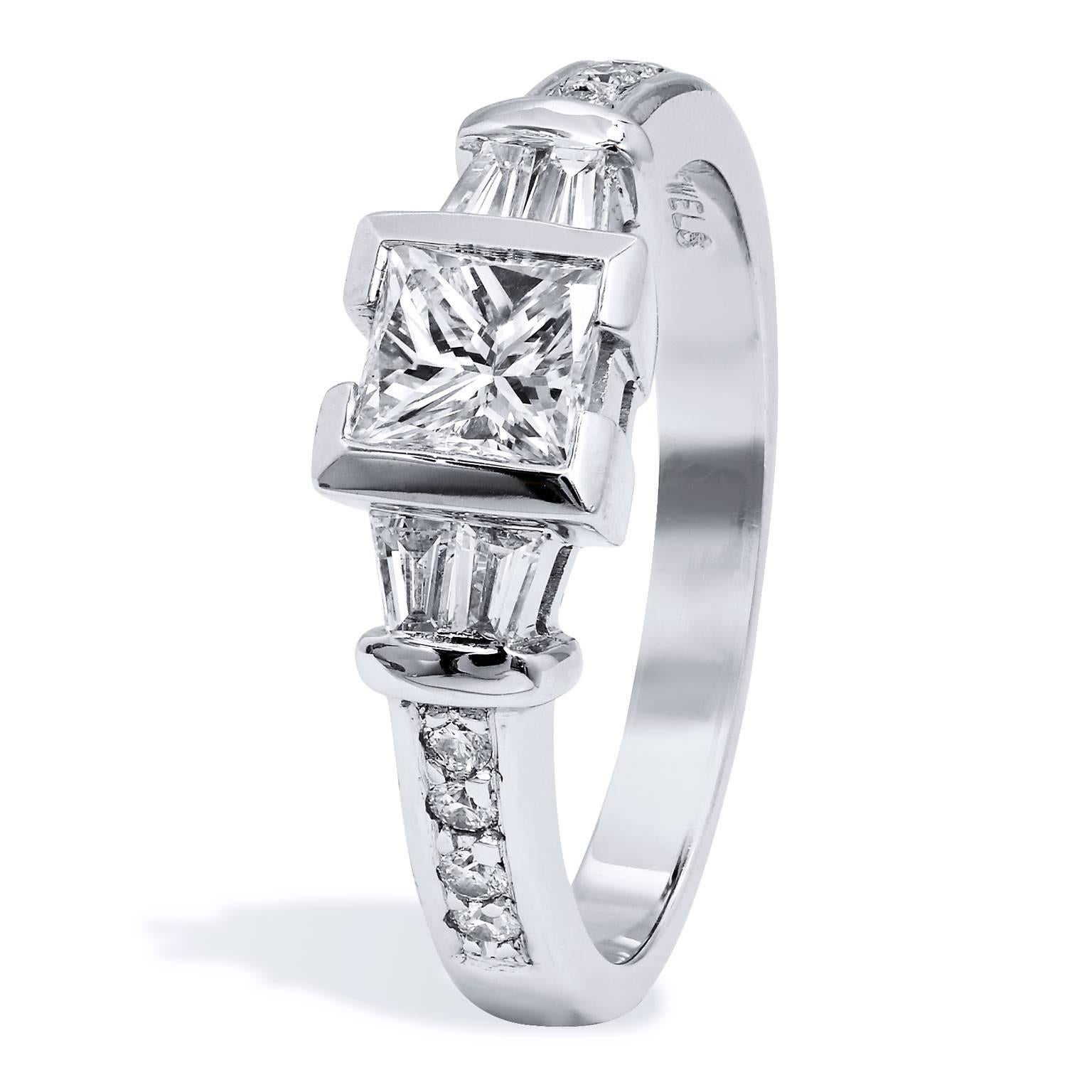 Handmade GIA Certified Semi-Bezel Princess Cut Diamond Platinum Engagement Ring

This is a one of a kind, handmade engagement ring.  

An engagement ring for a bold and decisive woman. Geometry in symmetry meld together in a fluid arrangement as