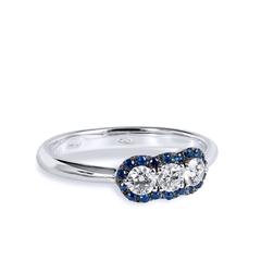 Three Diamond Blue Sapphire Pave White Gold Ring 6.5