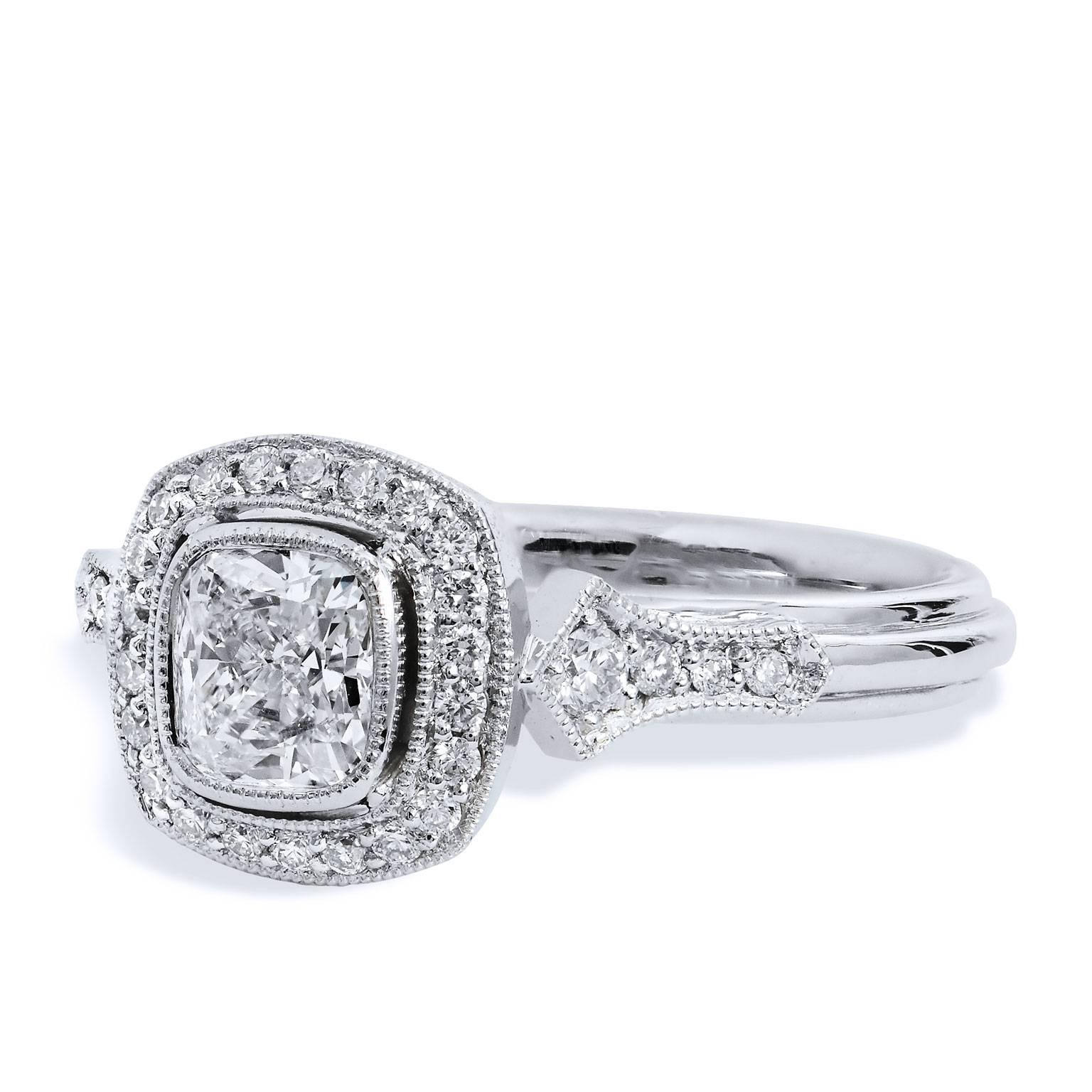 GIA Certified 0.74 Carat Round Brilliant Cut Diamond Platinum Engagement Ring

This is a one of a kind, handmade ring by H&H Jewels.  

This gorgeous center stone is a 0.74 round brilliant cut diamond (I/VVS2: GIA #2141876223) old mine cushion cut