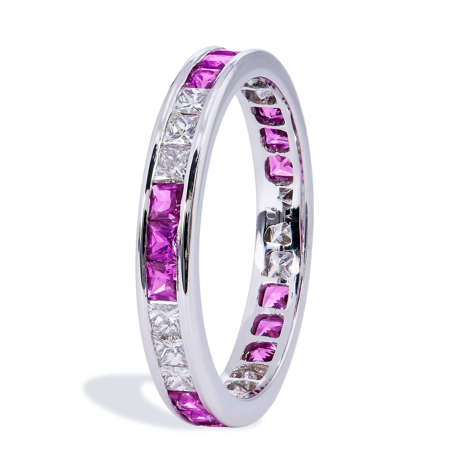  Princess Cut Pink Sapphire and Diamond Band Ring In Excellent Condition In Miami, FL