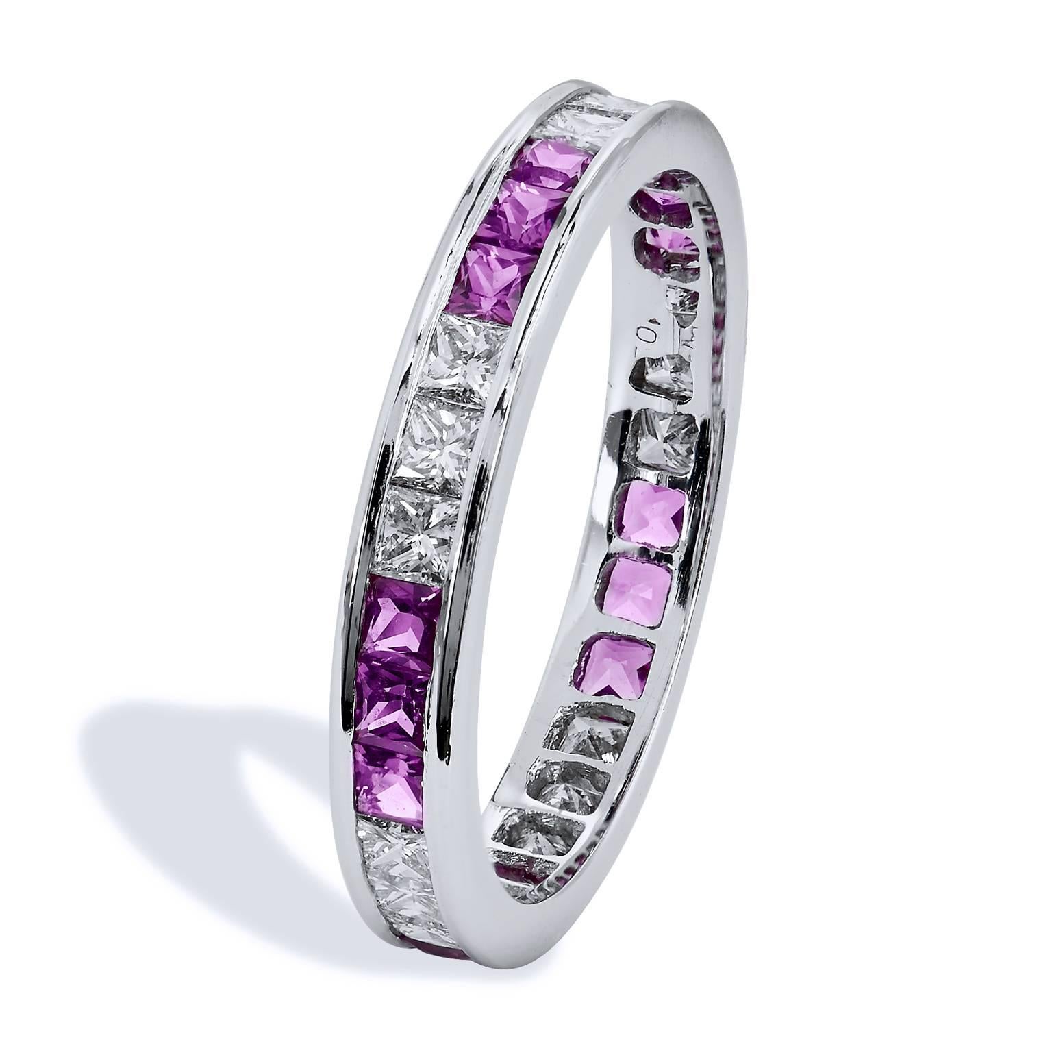 0.94 carat of Princess cut Pink sapphire and 0.77 carat of Princess cut diamond (F/G/VS) dance together in channel setting, creating a spectacular array of color. 18 karat white gold further highlights the femininity and sensuality of this size 6.5