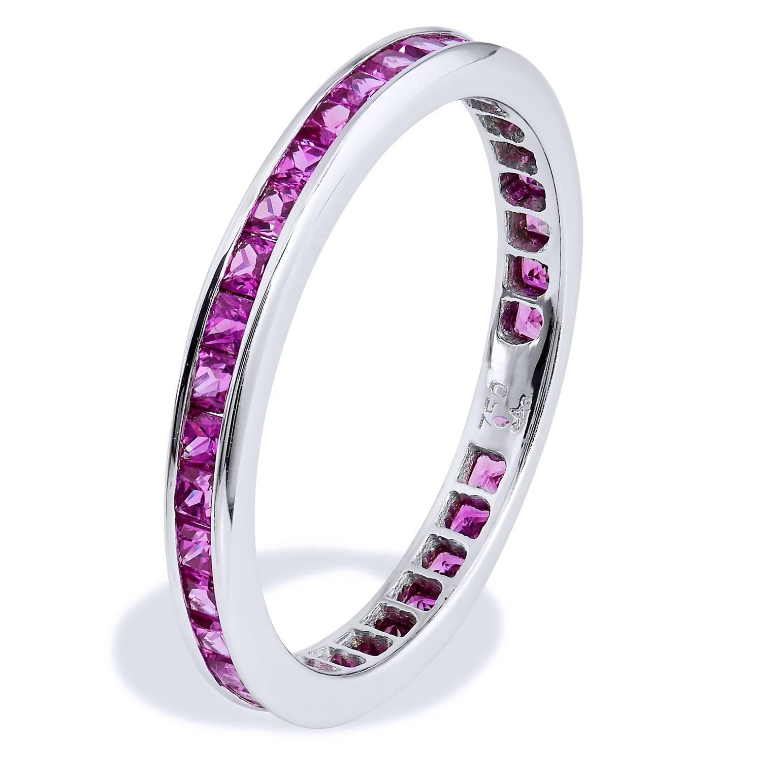 Princess Cut Pink Sapphire Band Ring

A ring as sweet as she. 1.30 carat of Princess cut pink sapphires in channel setting flow like liquid in this 18 karat white gold band ring (size: 6.5).