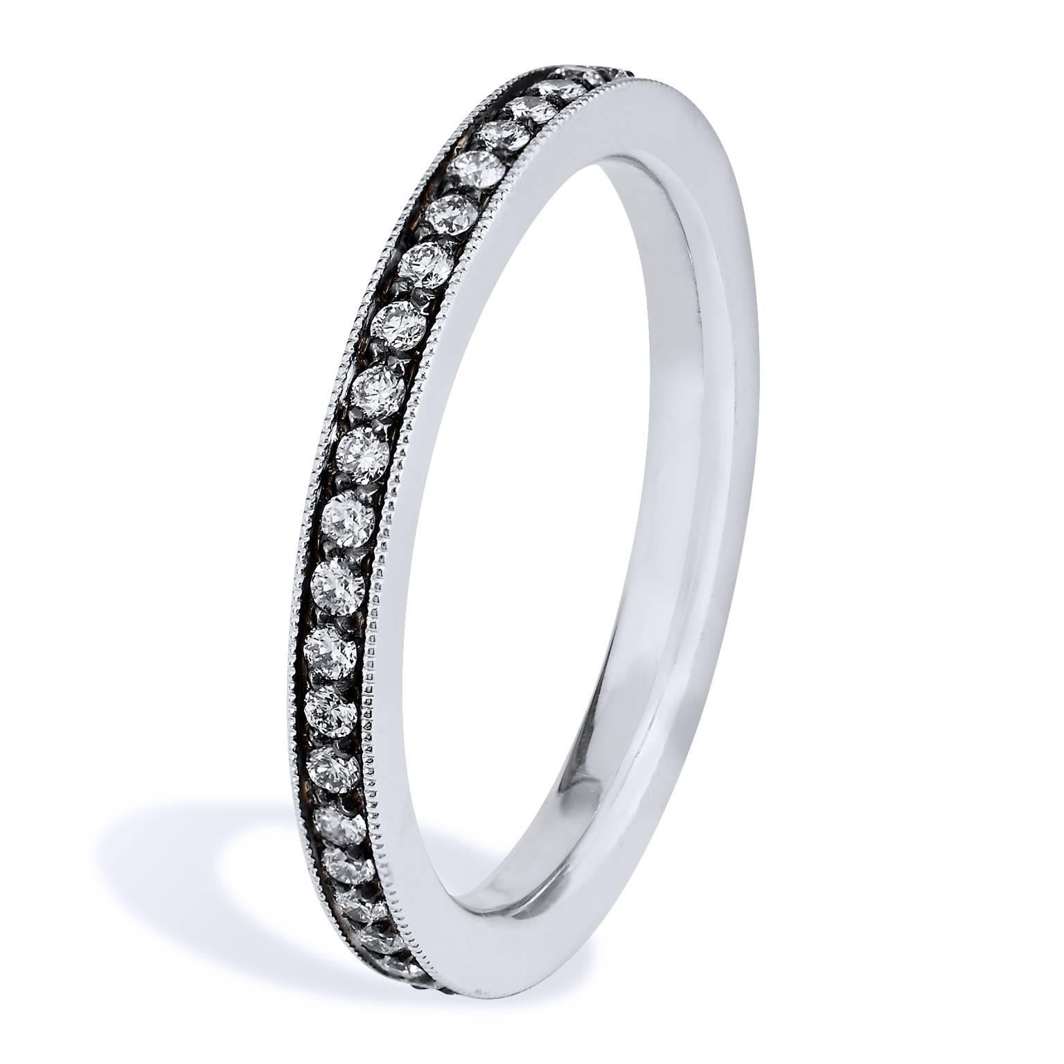 Diamond Eternity Band Ring White Gold with Black Rhodium 0.31 Carat 

This is a handmade of of a kind original by H&H Jewels. It features forty-five pieces of diamond pave set with a total weight of 0.31 carat (G/H/VS2). Affixed to a 2 mm 18 karat