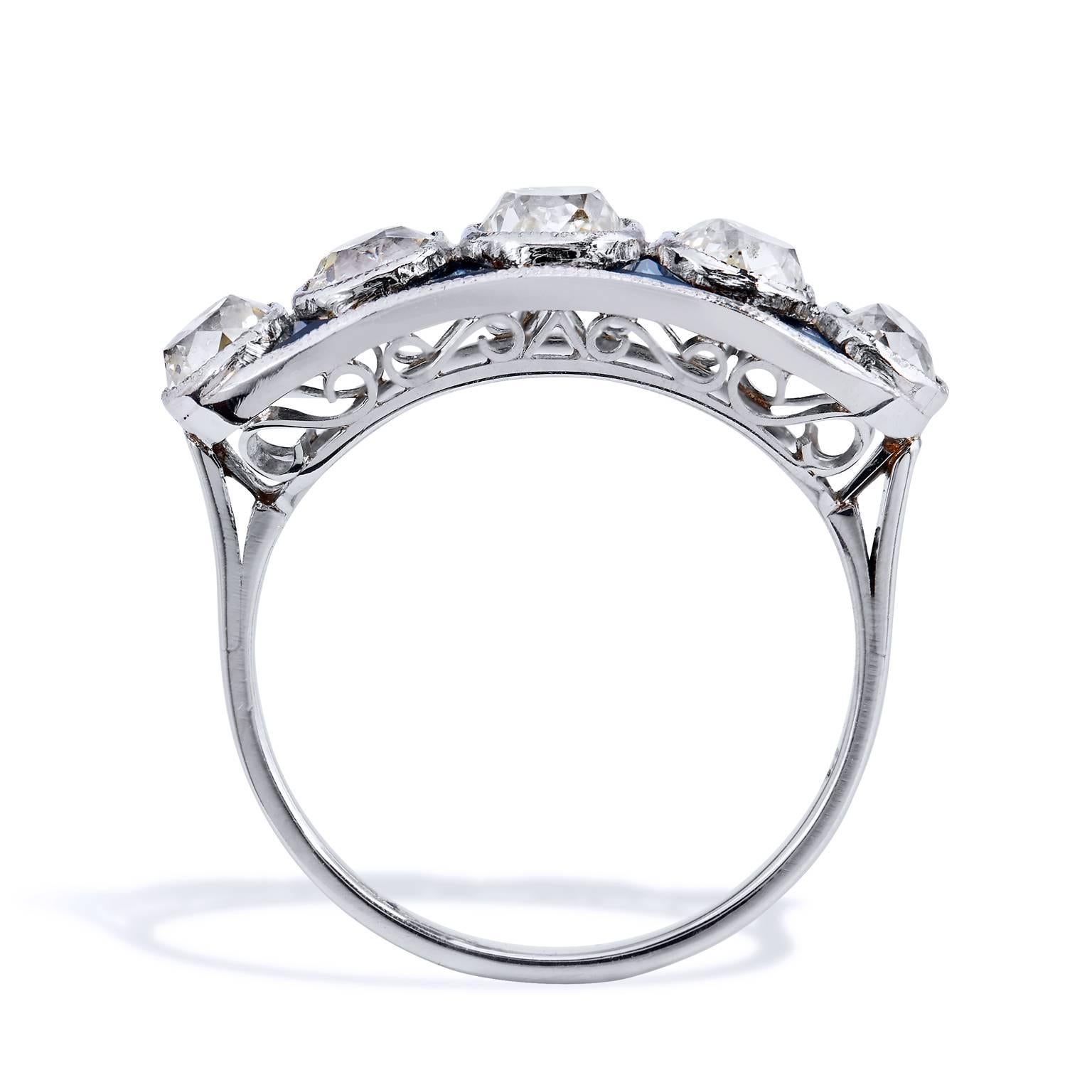 Art Deco Inspired 2.40 Carat Old Mine Cut Diamond Sapphire Platinum Band Ring In New Condition In Miami, FL