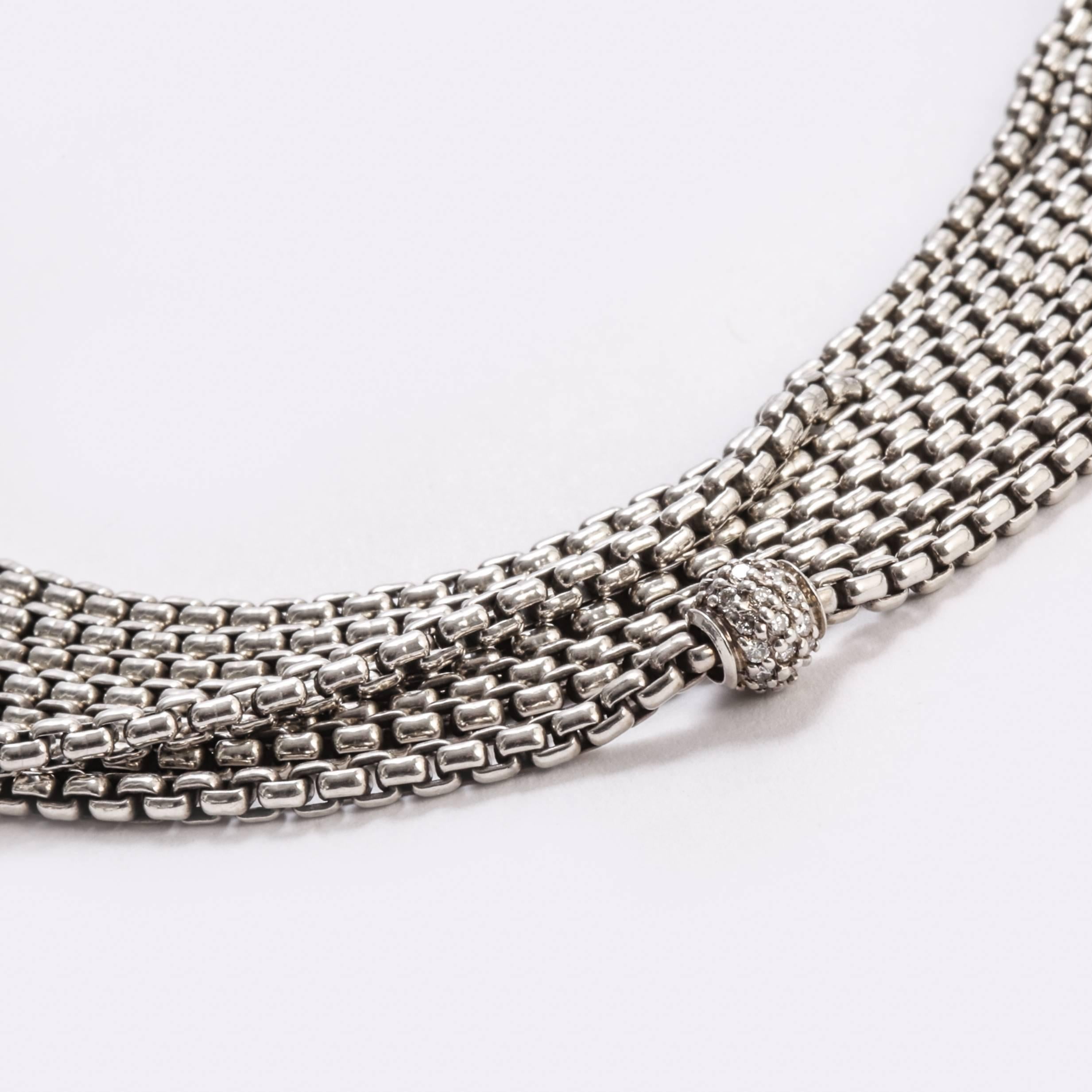 Previously loved sterling silver David Yurman multi-strand box chain necklace with pavé diamond stations throughout, with 18 karat white gold accents and lobster claw clasp closure.