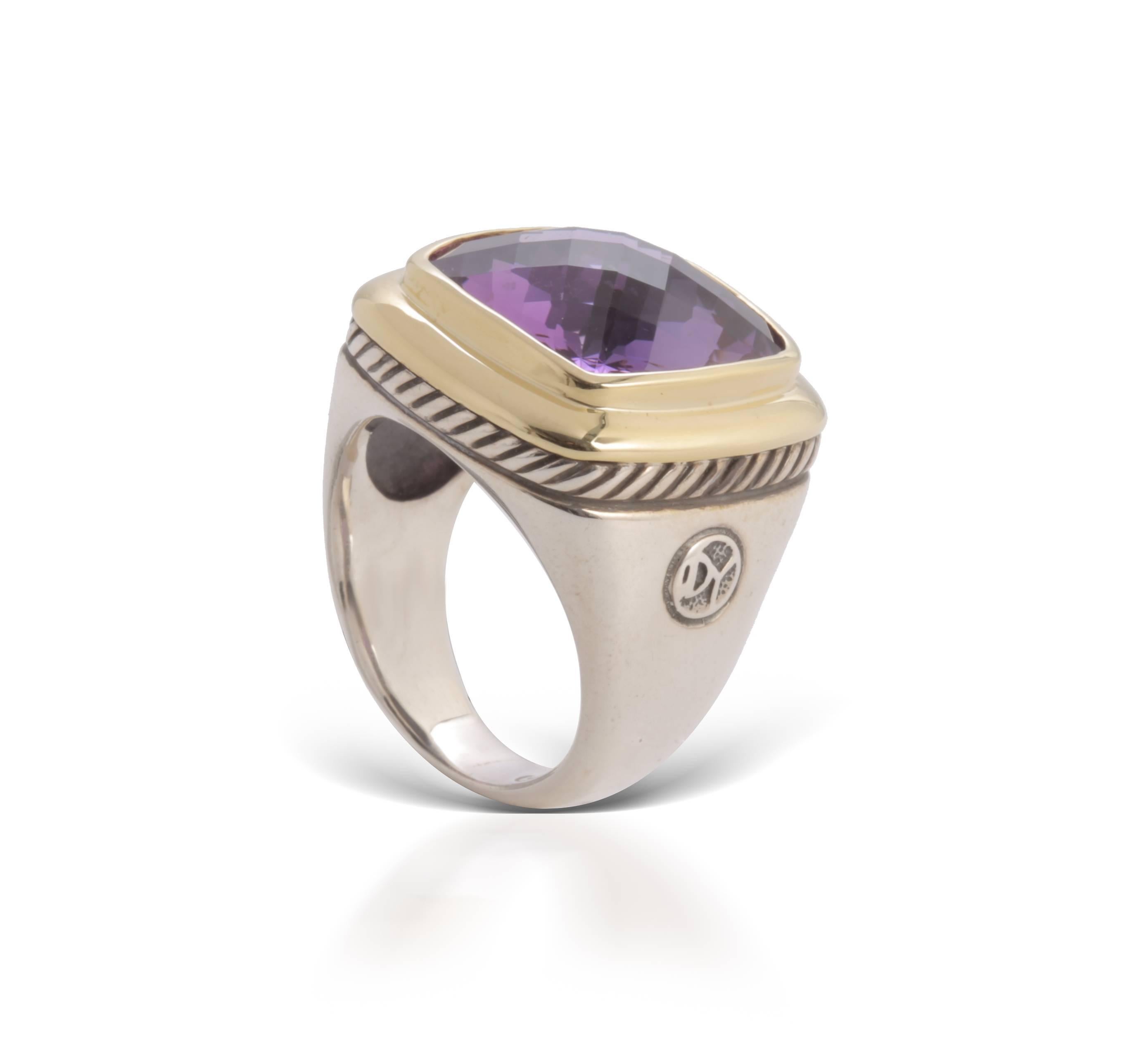 Previously loved sterling silver David Yurman Albion ring with faceted amethyst bezel set in 18 karat yellow gold at center and cable texture border (size 7.75)