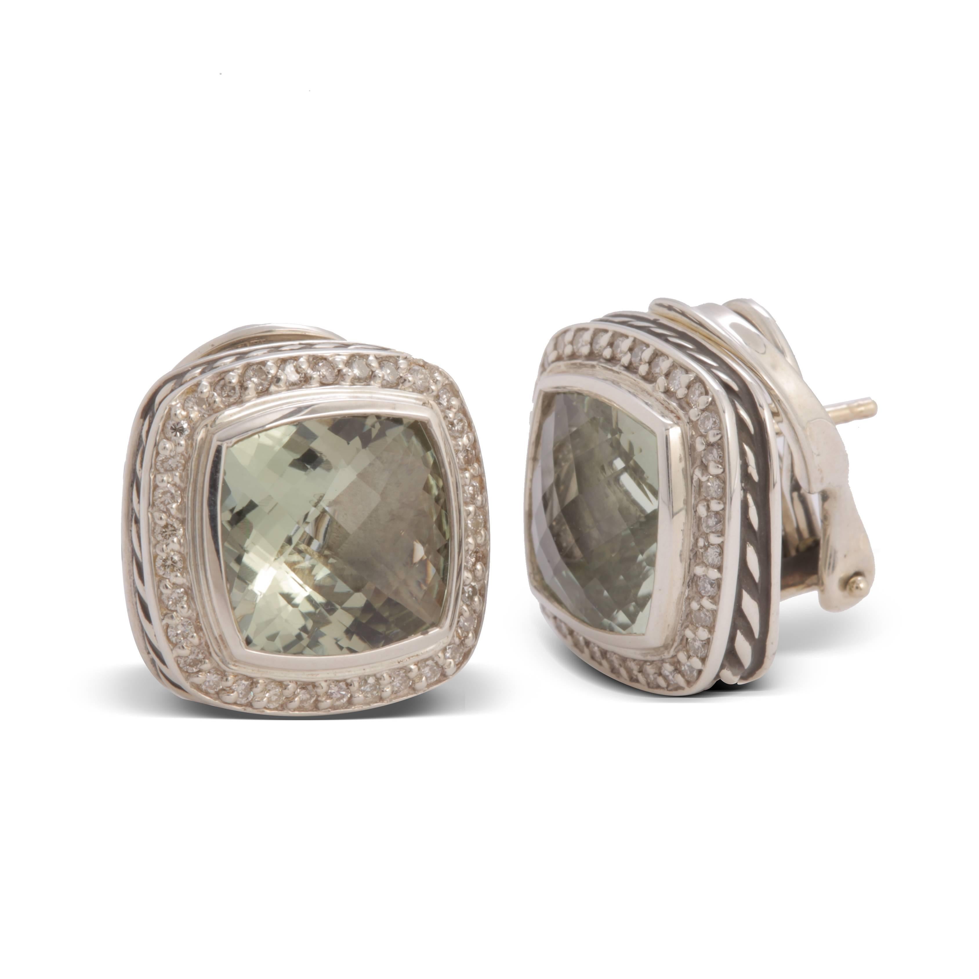 Previously loved sterling silver David Yurman earrings featuring a bezel set praisolite at center with round brilliant diamonds pave set throughout with omega closures.

