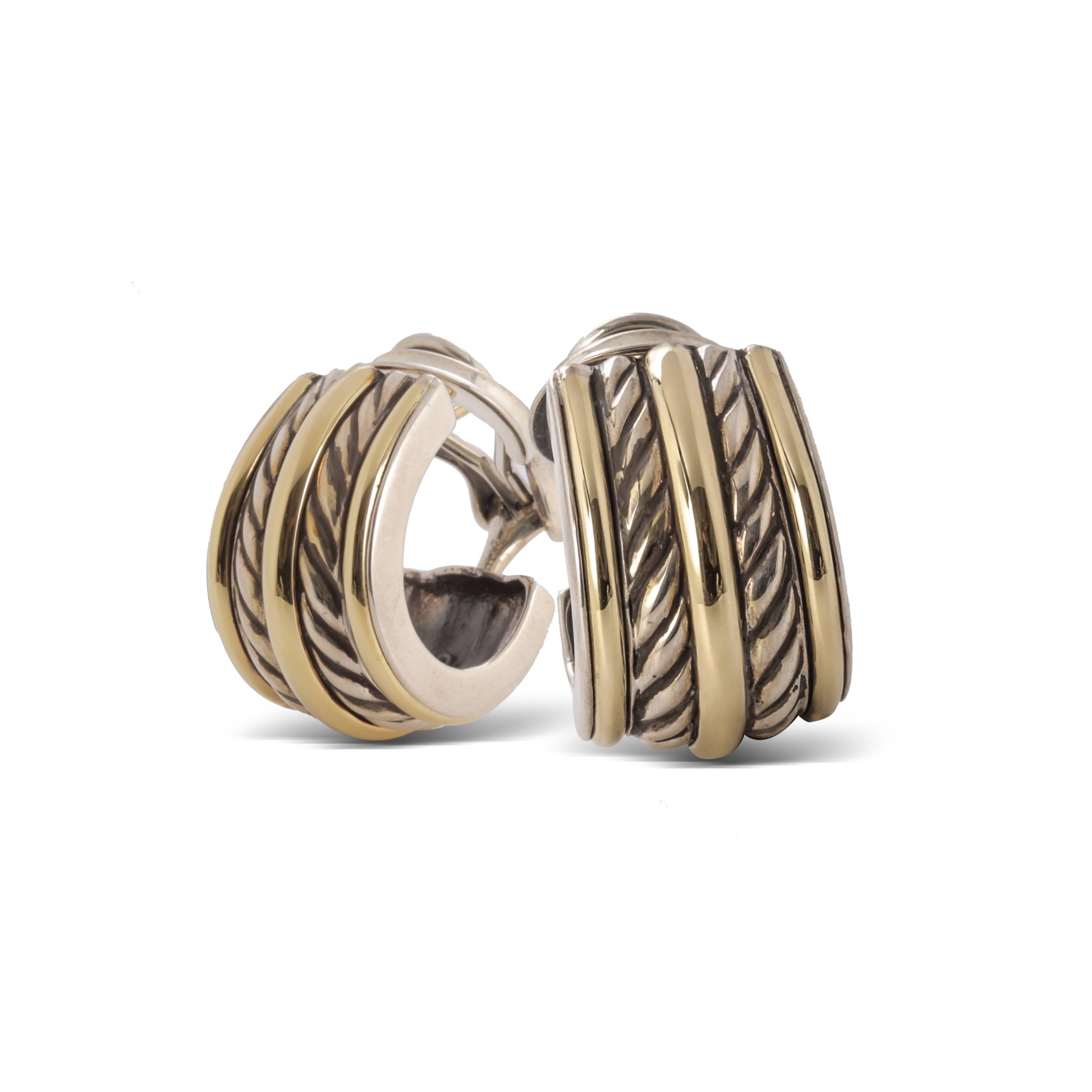 Previously loved 18 karat yellow gold and sterling silver David Yurman cable huggie earrings featuring two rows of cable with omega back closures.
