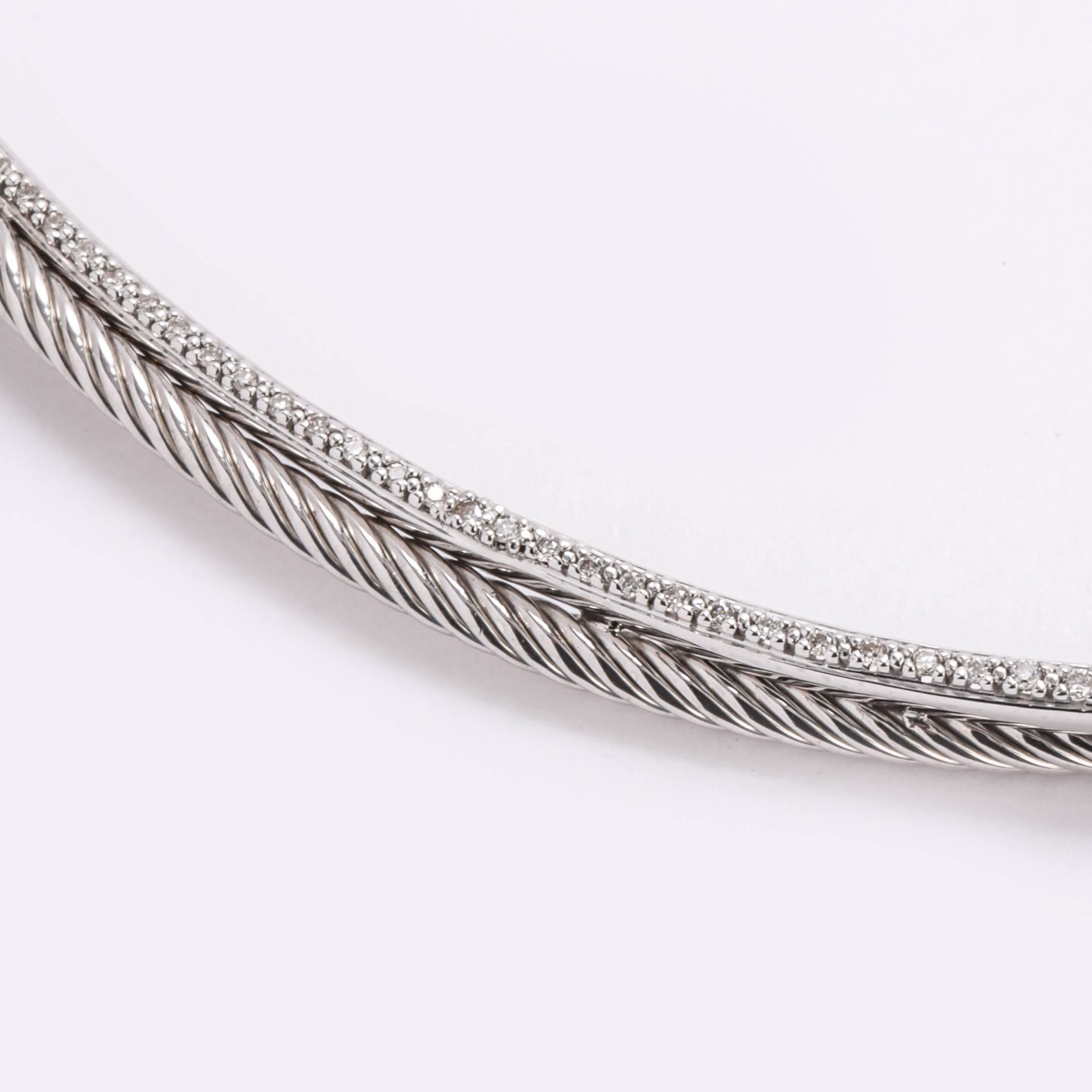 Previously loved sterling silver David Yurman Diamond Cable Collar necklace featuring round brilliant diamonds pave set with lobster claw closure.