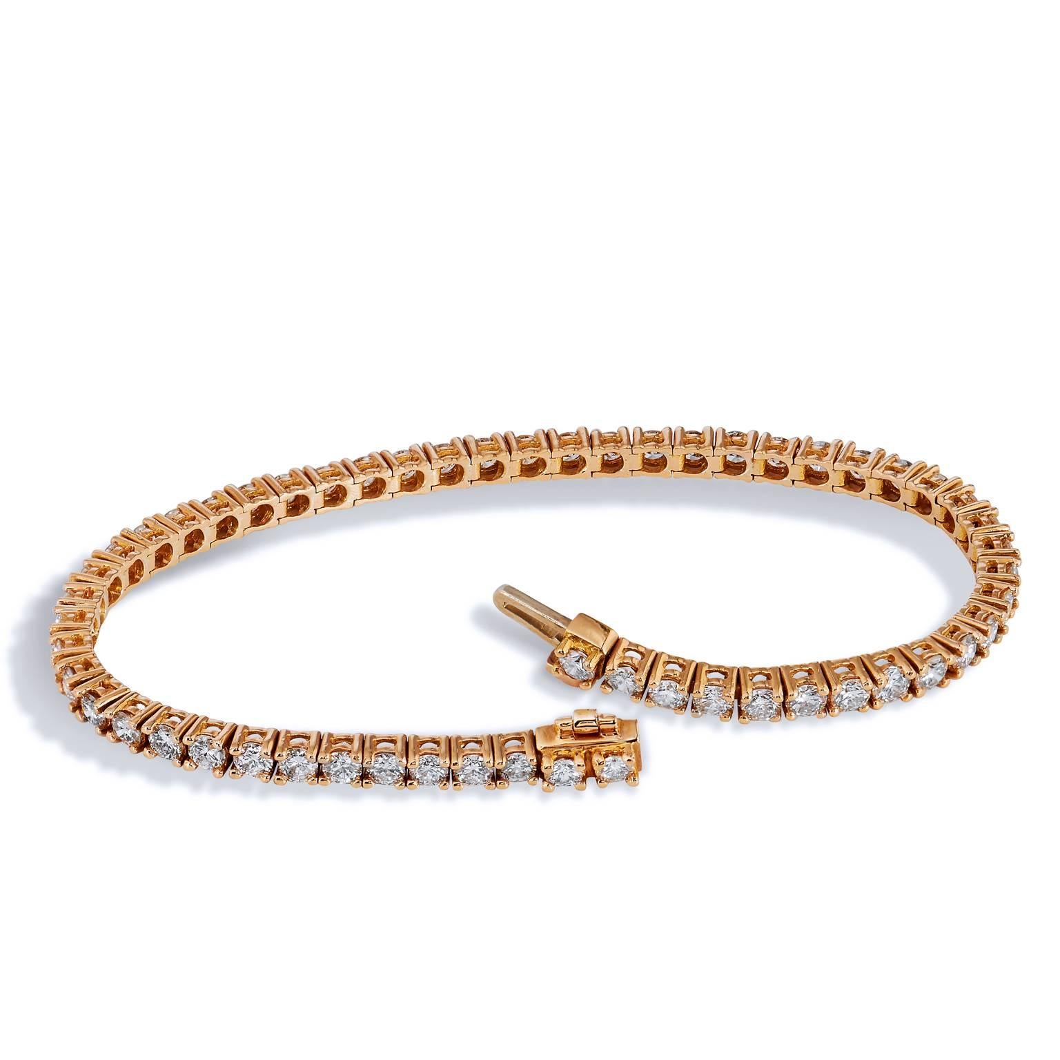 This glittering tennis bracelet features fifty-six pieces of diamonds, with a total weight of 5.09 carats (K/L/VS), set in a four prong setting. Embraced by beautiful 18 karat rose gold, this will be a piece that she will cherish. 
