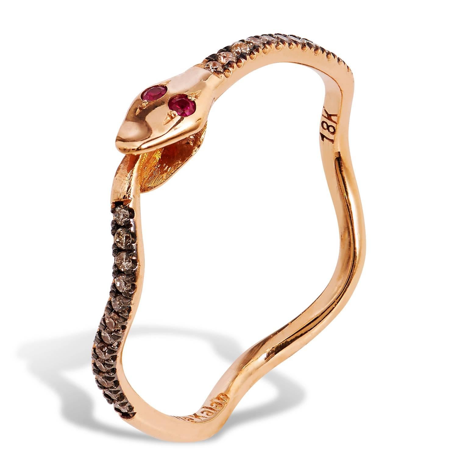 18 Karat Rose Gold and 0.12 Carat Champagne Diamond Snake Ring In Excellent Condition In Miami, FL