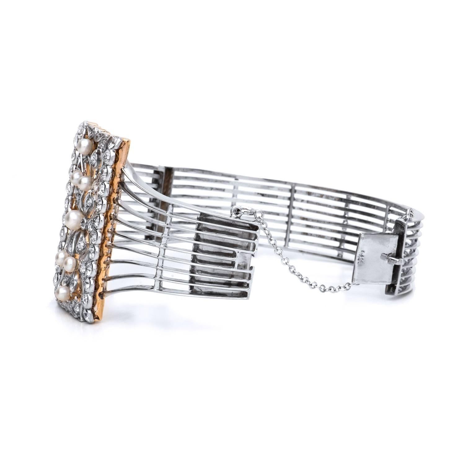 3.94 Carat Old Mine and Old European Diamond Platinum and Gold Cuff Bracelet In Excellent Condition In Miami, FL