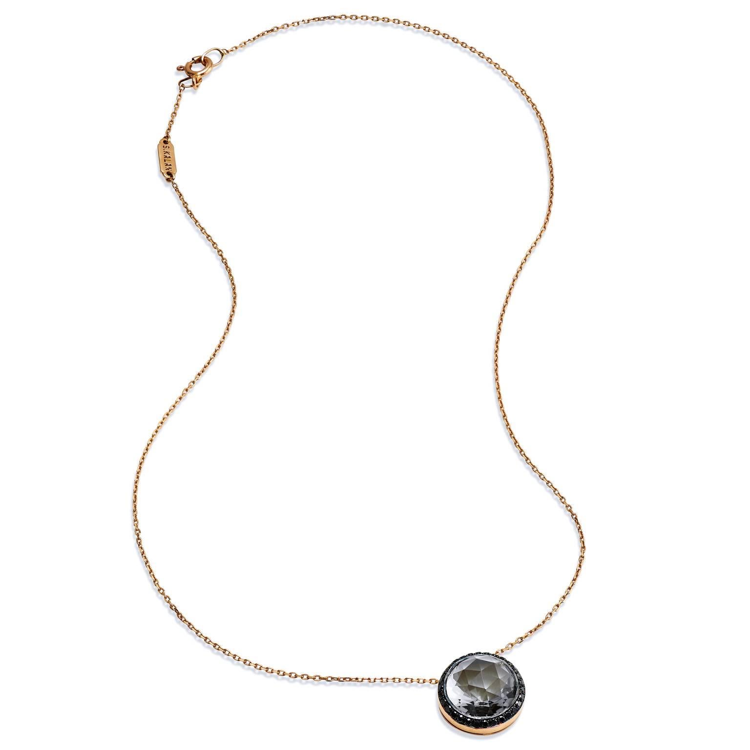 Suzanne Kalan 18 karat rose gold 16 inch necklace with a stunning 12 millimeter green amethyst and 0.35 carat of black diamonds pave set around pendant at center. 

