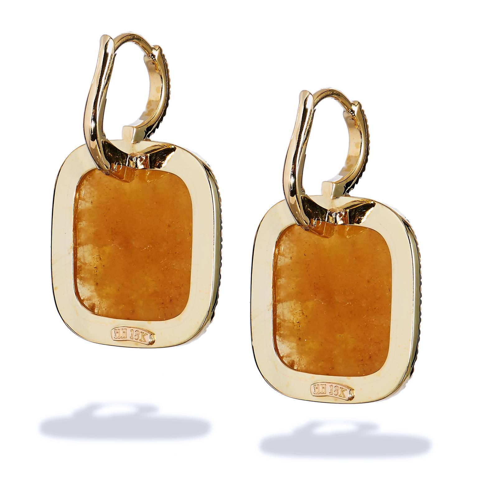 13.58 Carat Cushion Cut Yellow Sapphire Slice Diamond Gold Earrings In Excellent Condition In Miami, FL