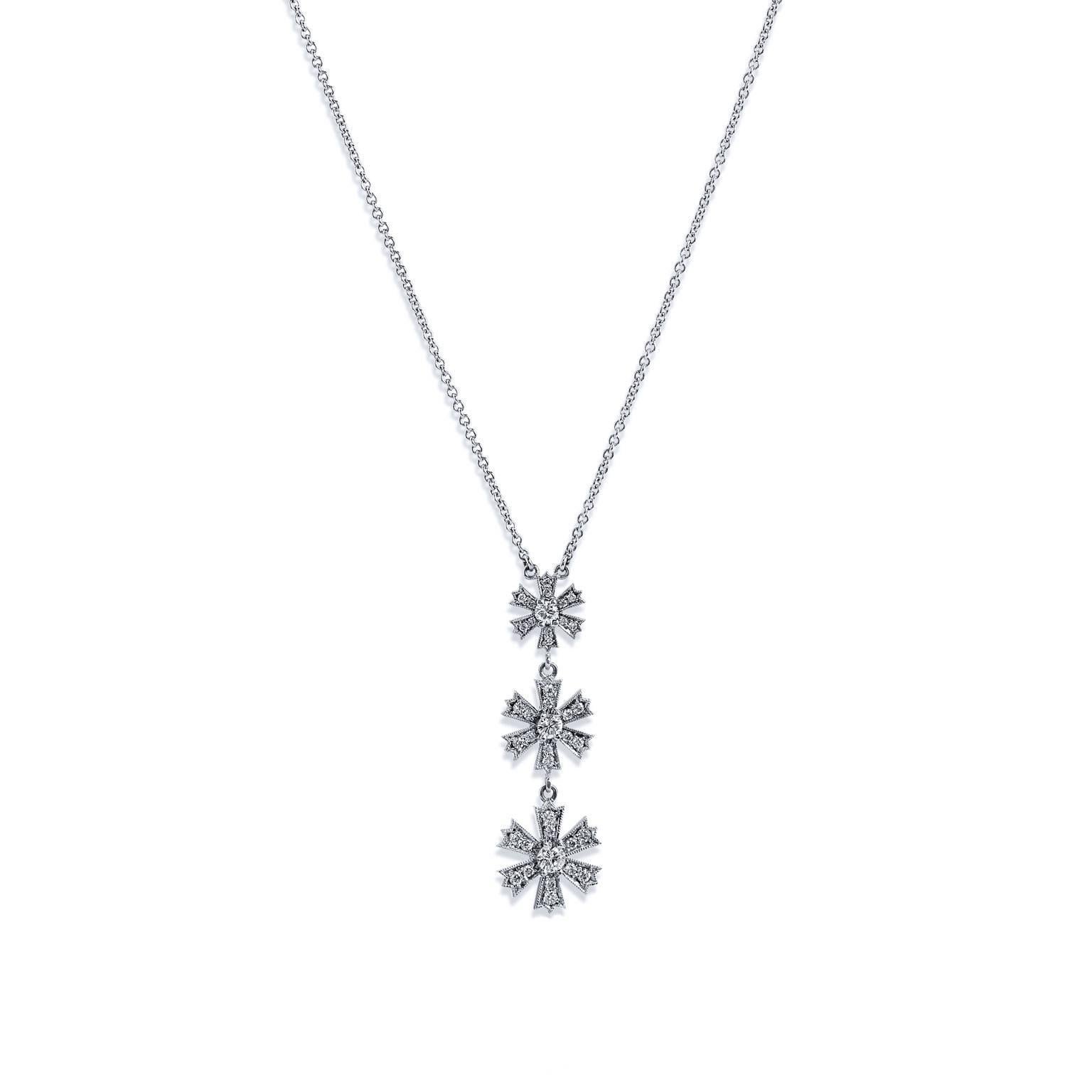 H & H Diamond White Gold Linear Flower Drop Necklace In Excellent Condition In Miami, FL