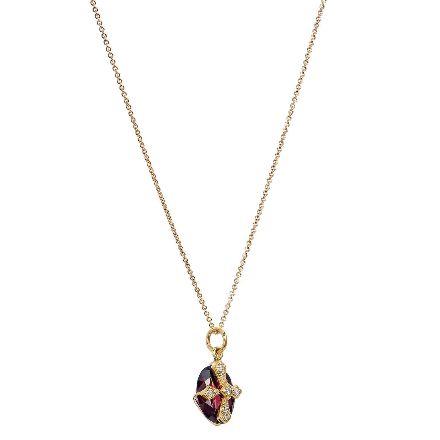 With a distinctive, elemental elegance, this Jude Frances kite over stone charm necklace. Seven round shaped diamonds, with a total weight of 0.05 carat, are set in luminous 18 karat yellow gold and affixed to exquisite rhodolite. This