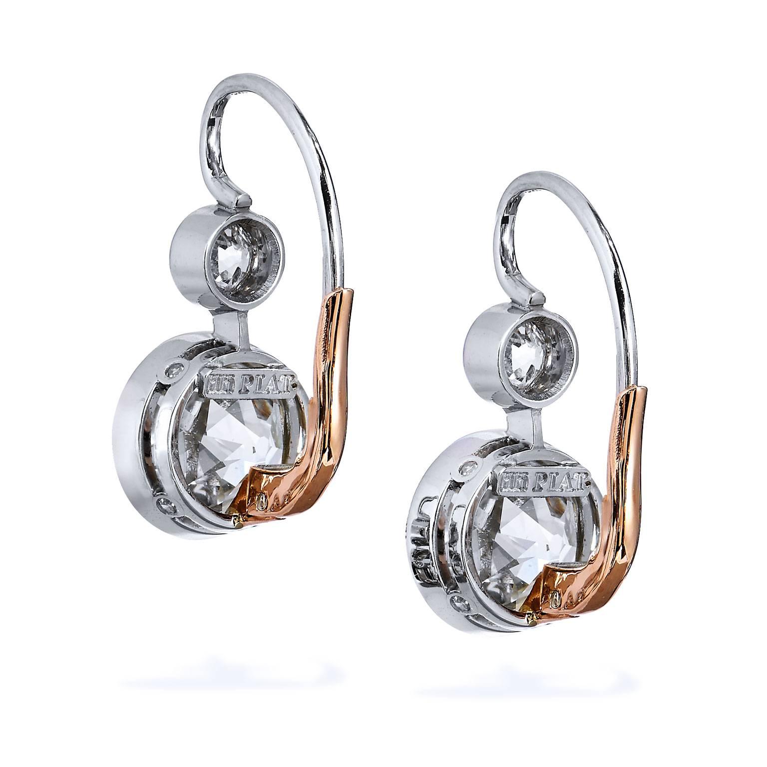 H & H 6.72 Carat Diamond Platinum Rose Gold Lever-Back Earrings In Excellent Condition In Miami, FL