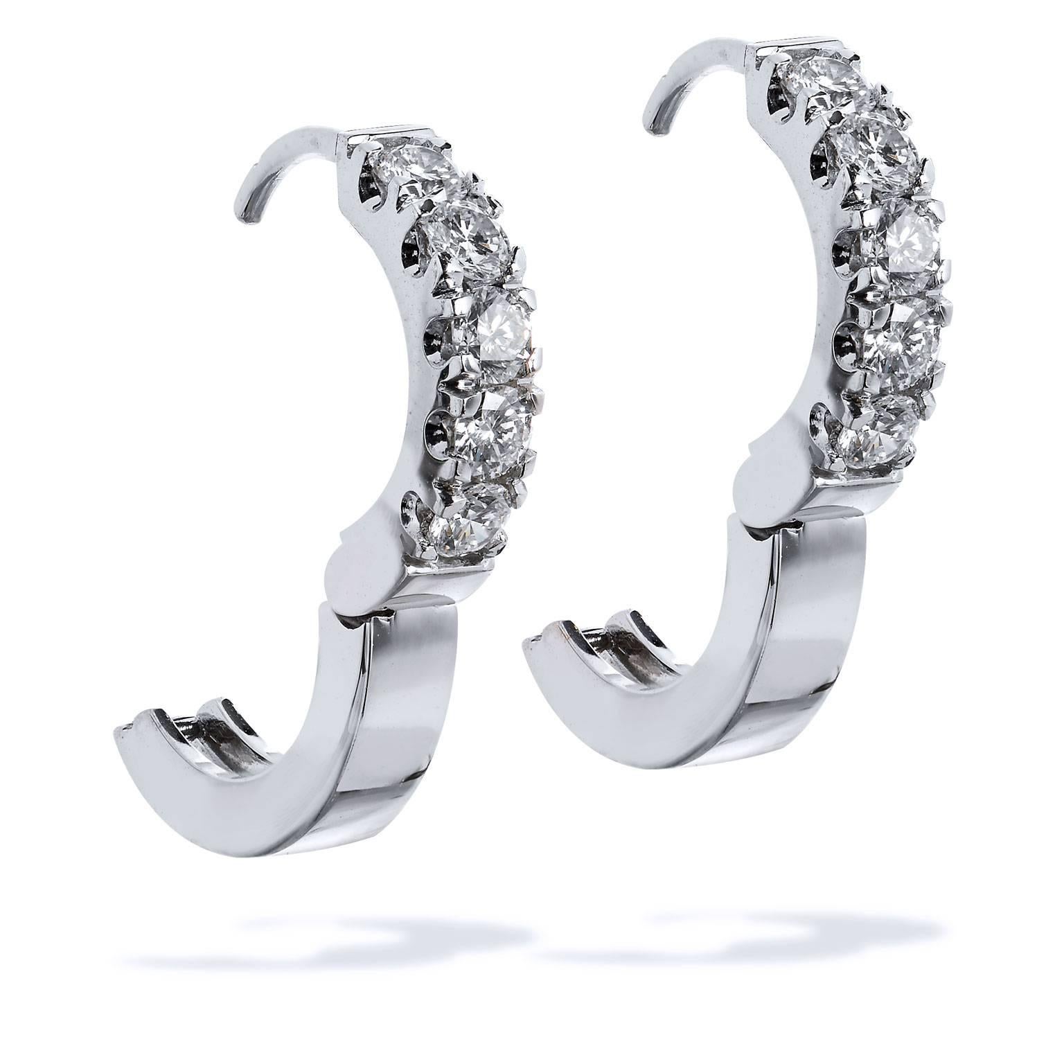 H & H 1.07 Carat Diamond White Gold Huggie Hoop Earrings In Excellent Condition In Miami, FL