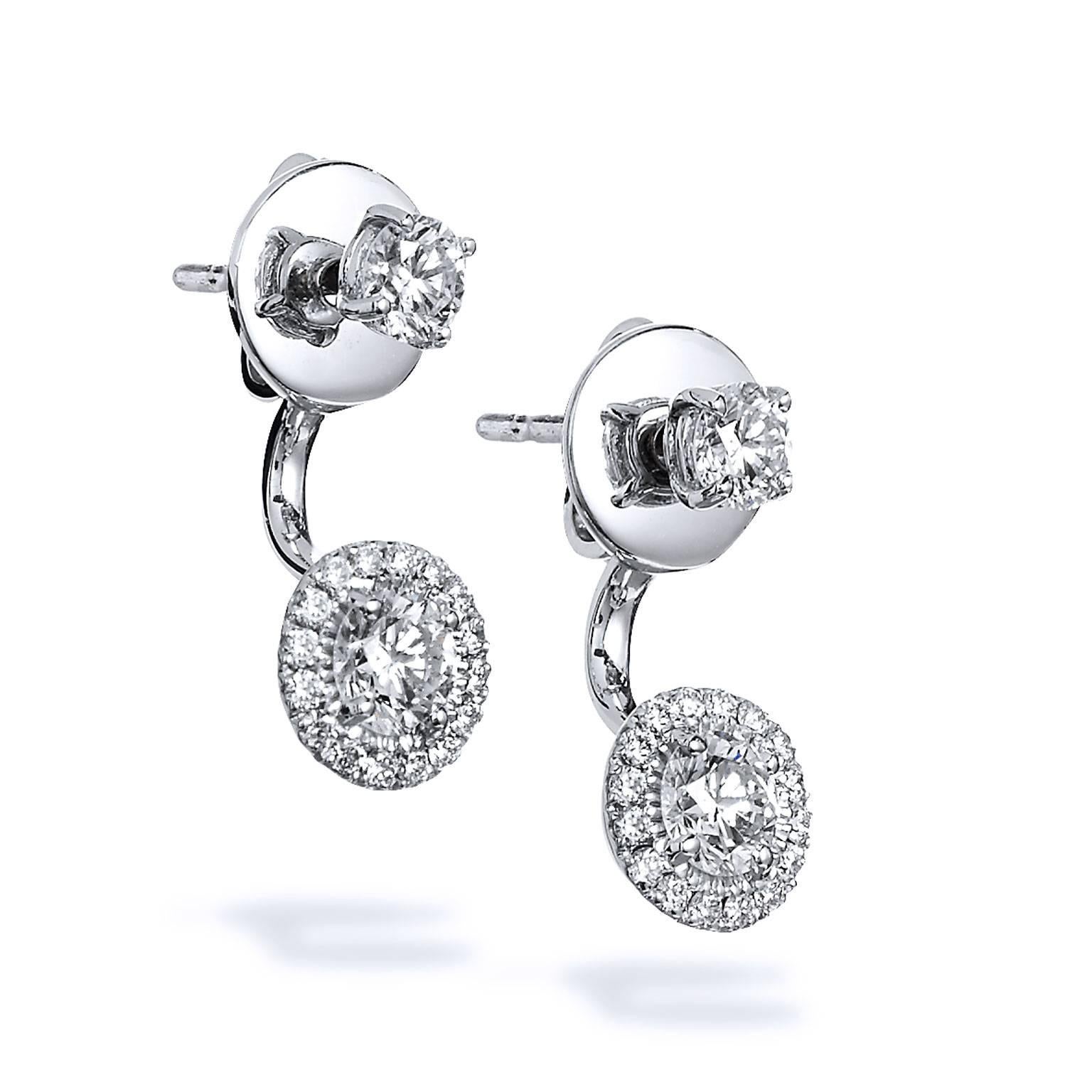 18 karat white gold double-sided stud earrings featuring 1.14 carat of round diamond (G/SI1).