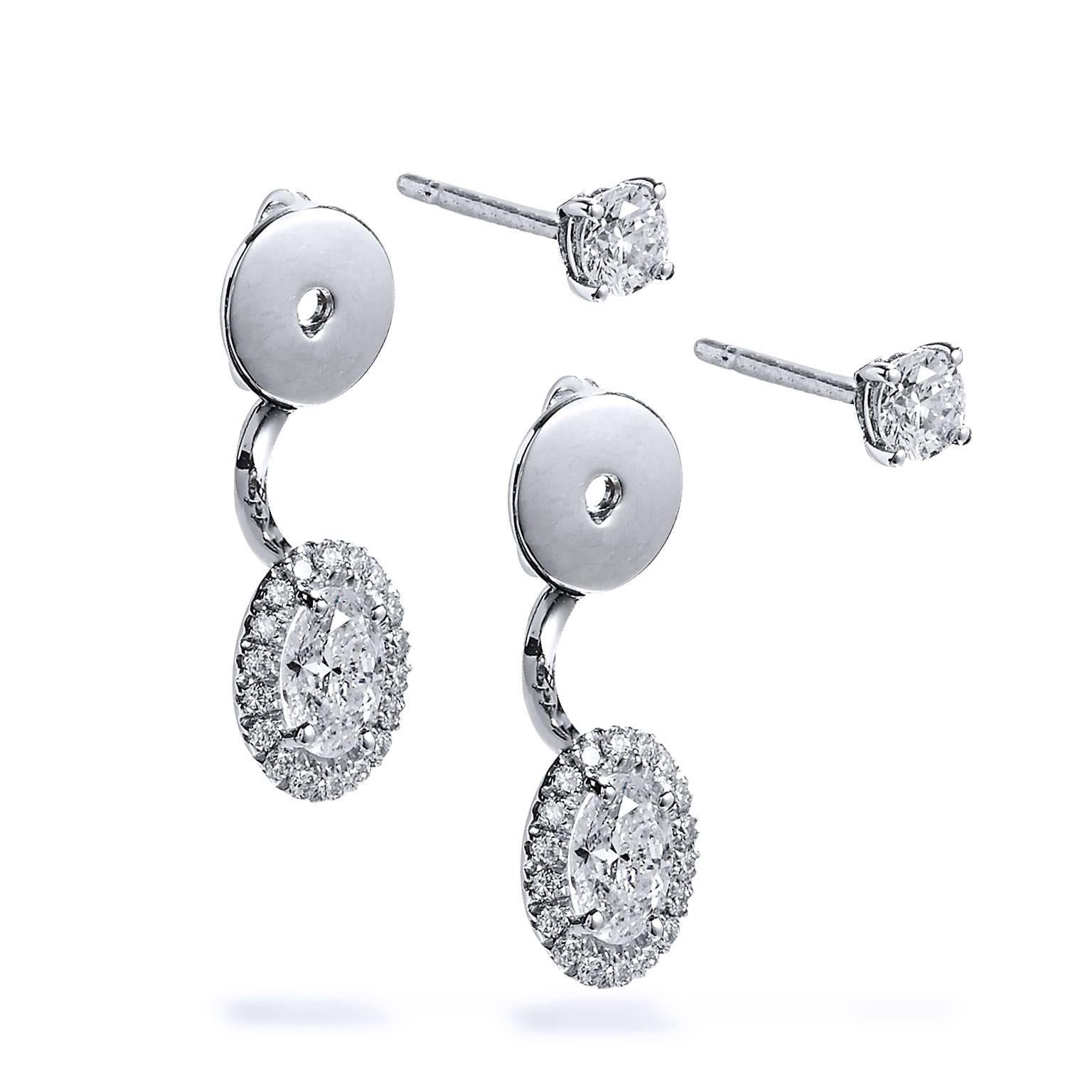 Oval 1.39 Carat Diamond Double-Sided Stud Earrings In Excellent Condition In Miami, FL