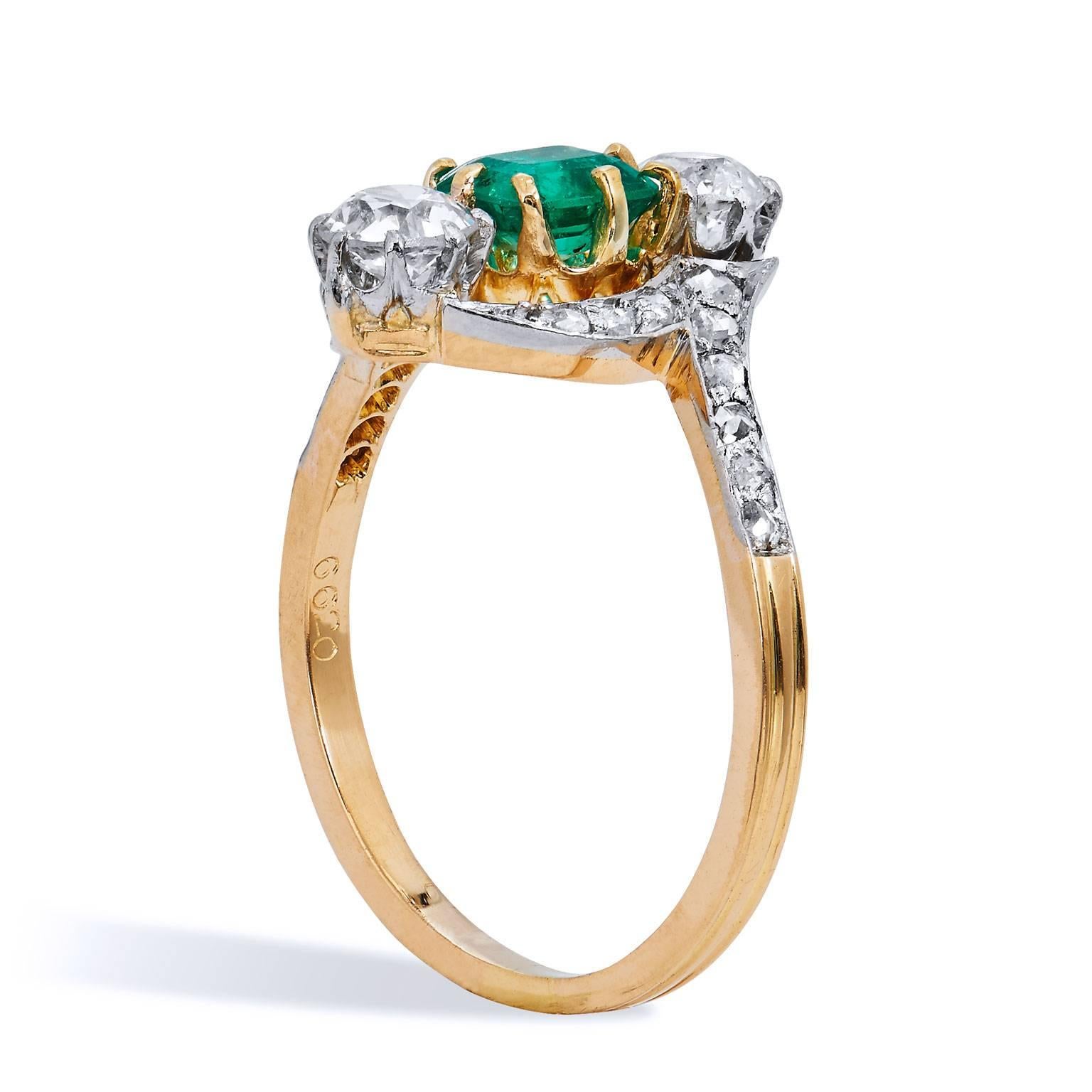 Art Deco Estate Emerald Diamond 3 Stone with Pave Gold Platinum Bypass Ring

This beautiful and elegant ring was made with excellent craftsmanship of the old world.
The top of the ring is created in platinum which make the diamonds and emeralds pop