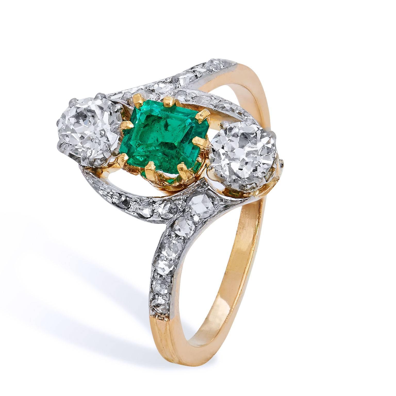 Old Mine Cut Art Deco Estate Emerald Diamond 3 Stone with Pave Gold Platinum Bypass Ring