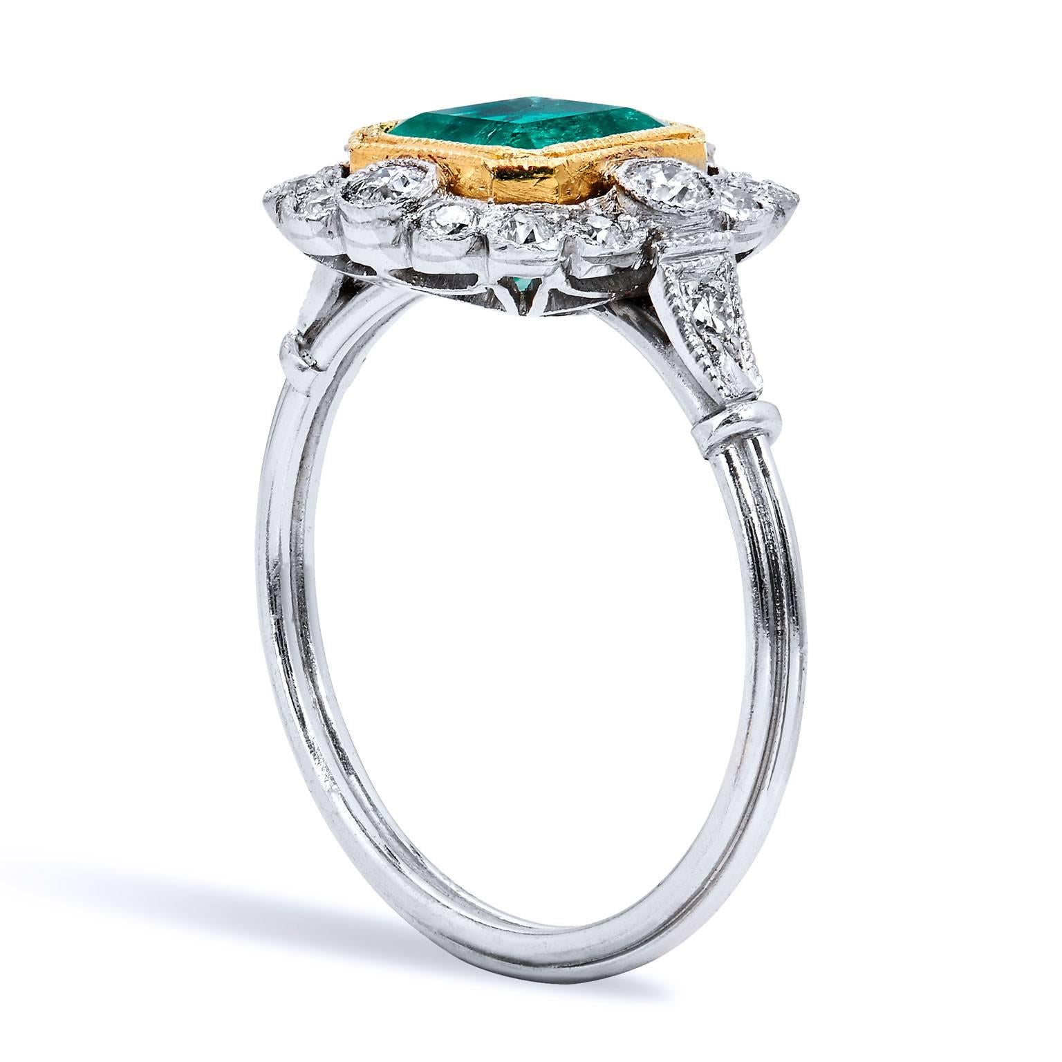 GIA CERTIFIED Art Deco Inspired 1.60 Carat Colombian Emerald Diamond Yellow Gold Platinum Ring

This beautiful creation is Art Deco inspired made of platinum and 18 karat yellow gold.  It features a 1.60 carat Colombian Emerald set at center. For