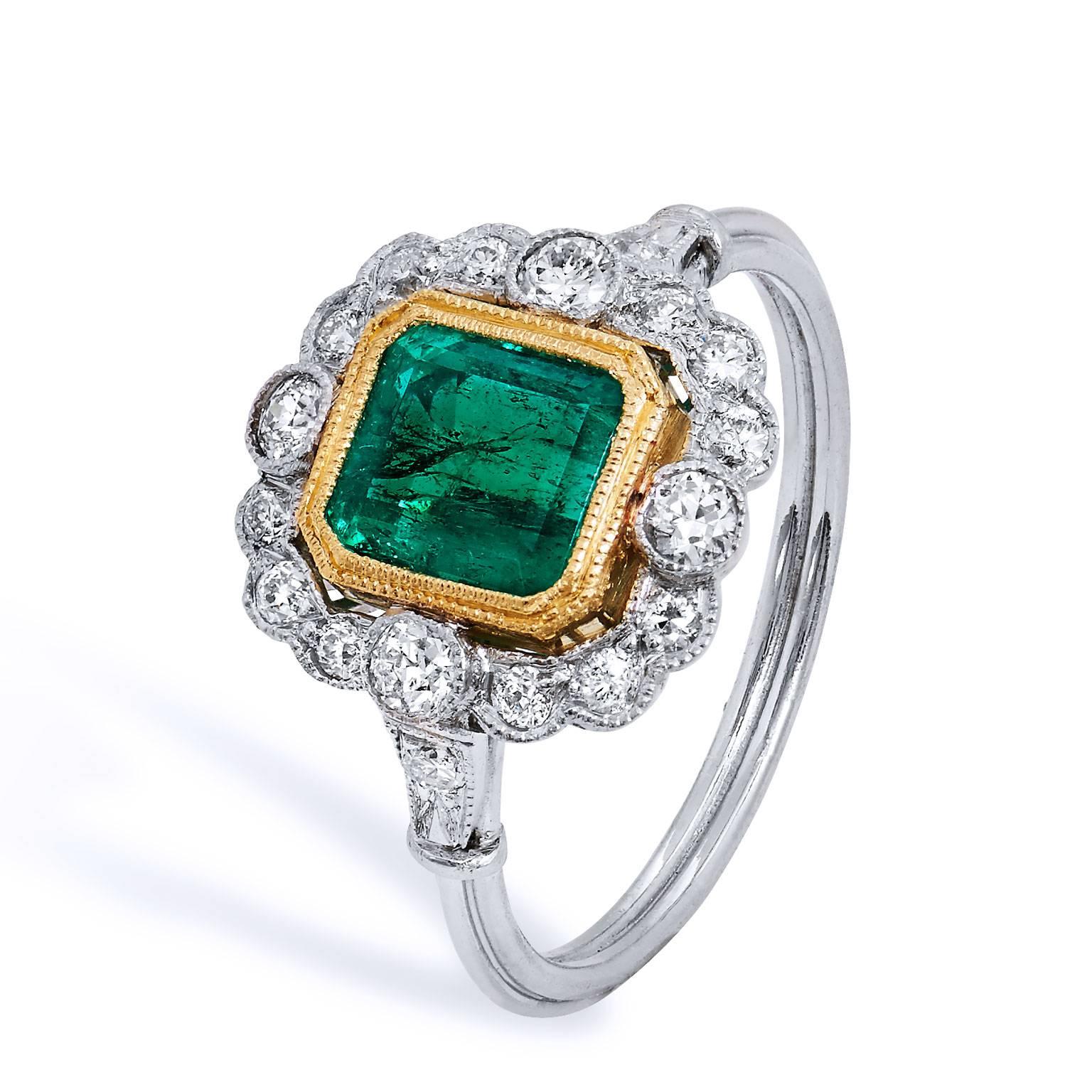 Art Deco GIA CERTIFIED  1.60 Carat Colombian Emerald Diamond Yellow Gold Platinum Ring