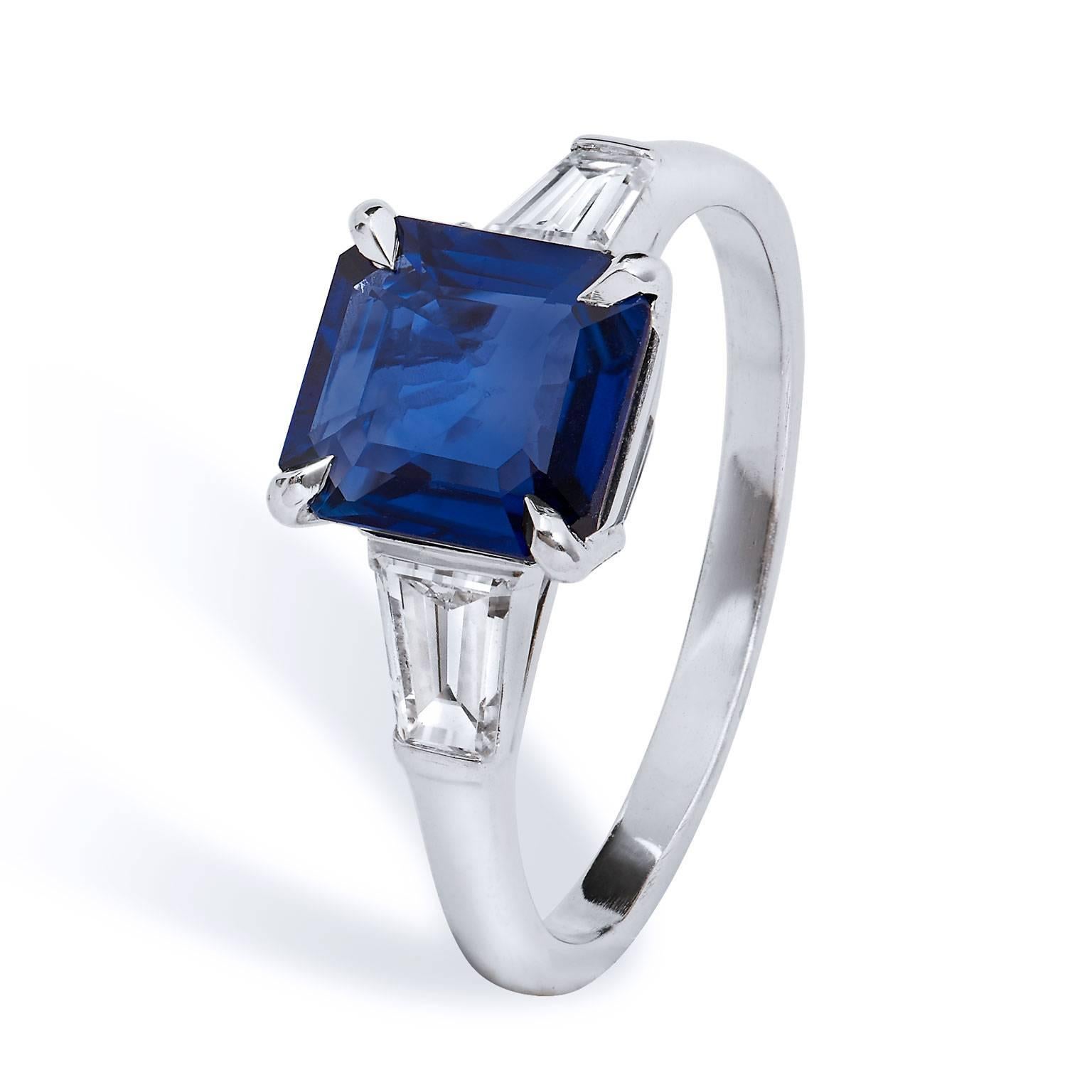 Baguette Cut Estate GIA 2.00 Carat Square Cut Blue Sapphire Diamond Platinum Ring 6.5
