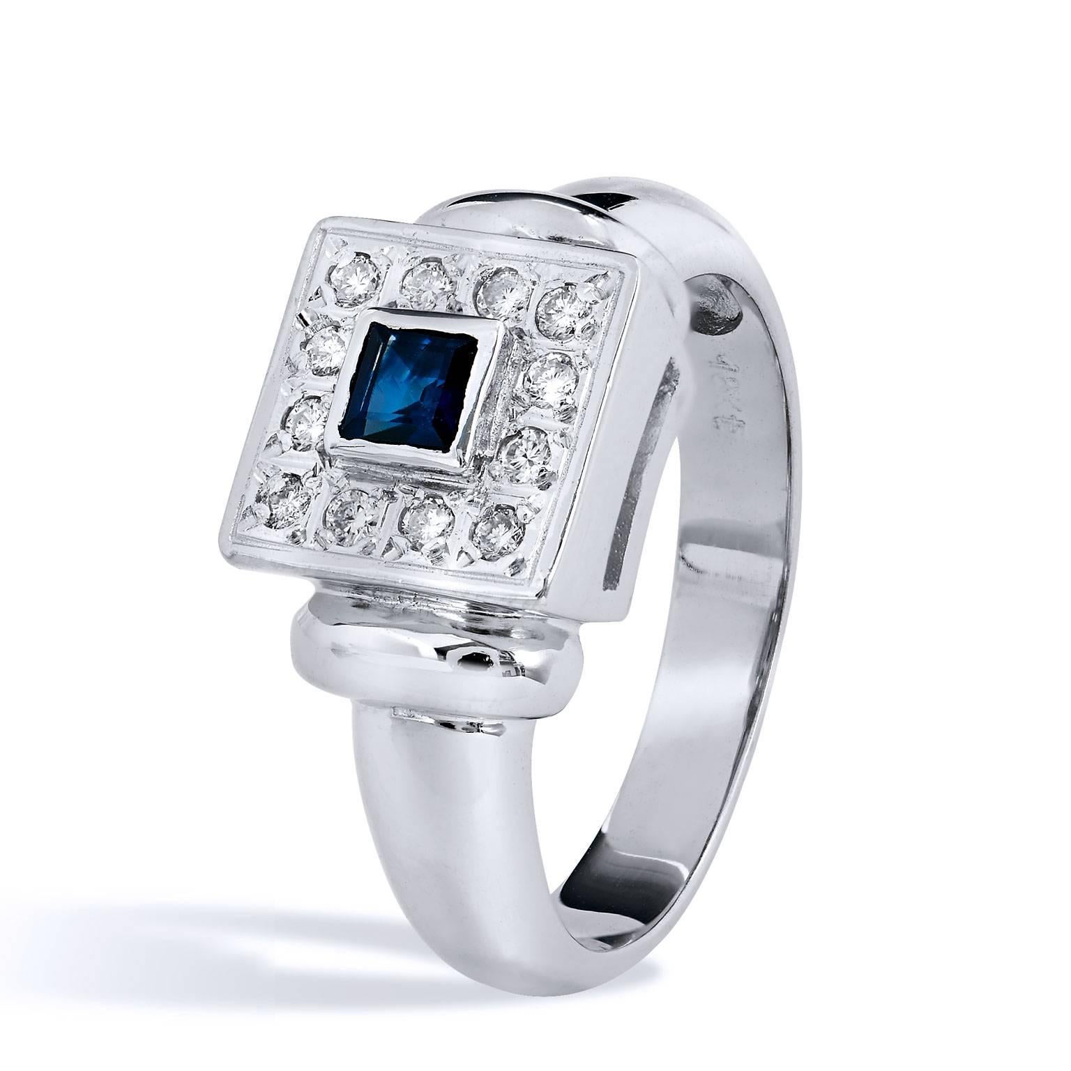 Princess Cut Blue Sapphire Diamond Pave white gold Ring In Excellent Condition In Miami, FL