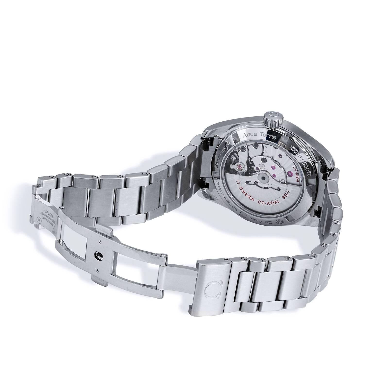 Stainless steel case with a stainless steel bracelet. Fixed stainless steel bezel. Silver dial with luminous silver and white hands and index hour markers. Minute markers around the outer rim. Dial Type: Analog. Luminescent hands and markers. Date
