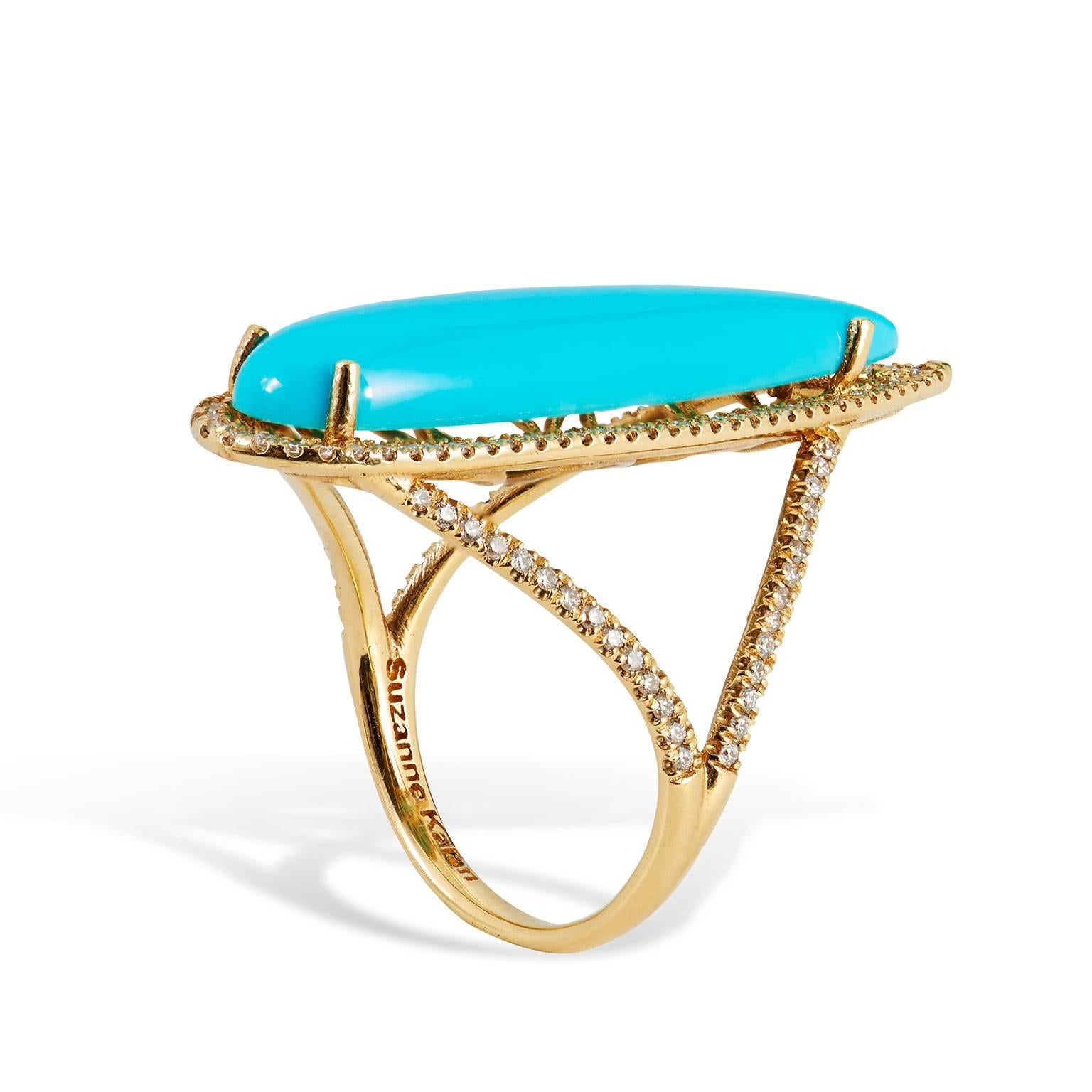 18 karat yellow gold ring featuring a 30 millimeter x 7 millimeter pear-shaped turquoise in sleeping beauty orientation. 0.50 carat of white diamond pave set further enhance the ring.