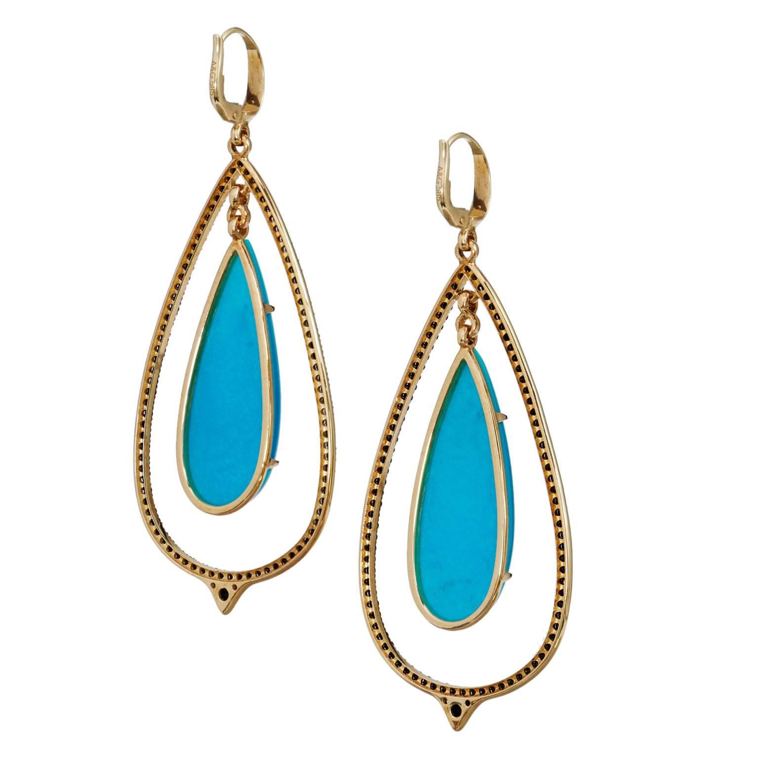 Pear Cut Large 14 Karat Gold Turquoise Double-Drop Spinel Pave Set Lever Back Earrings