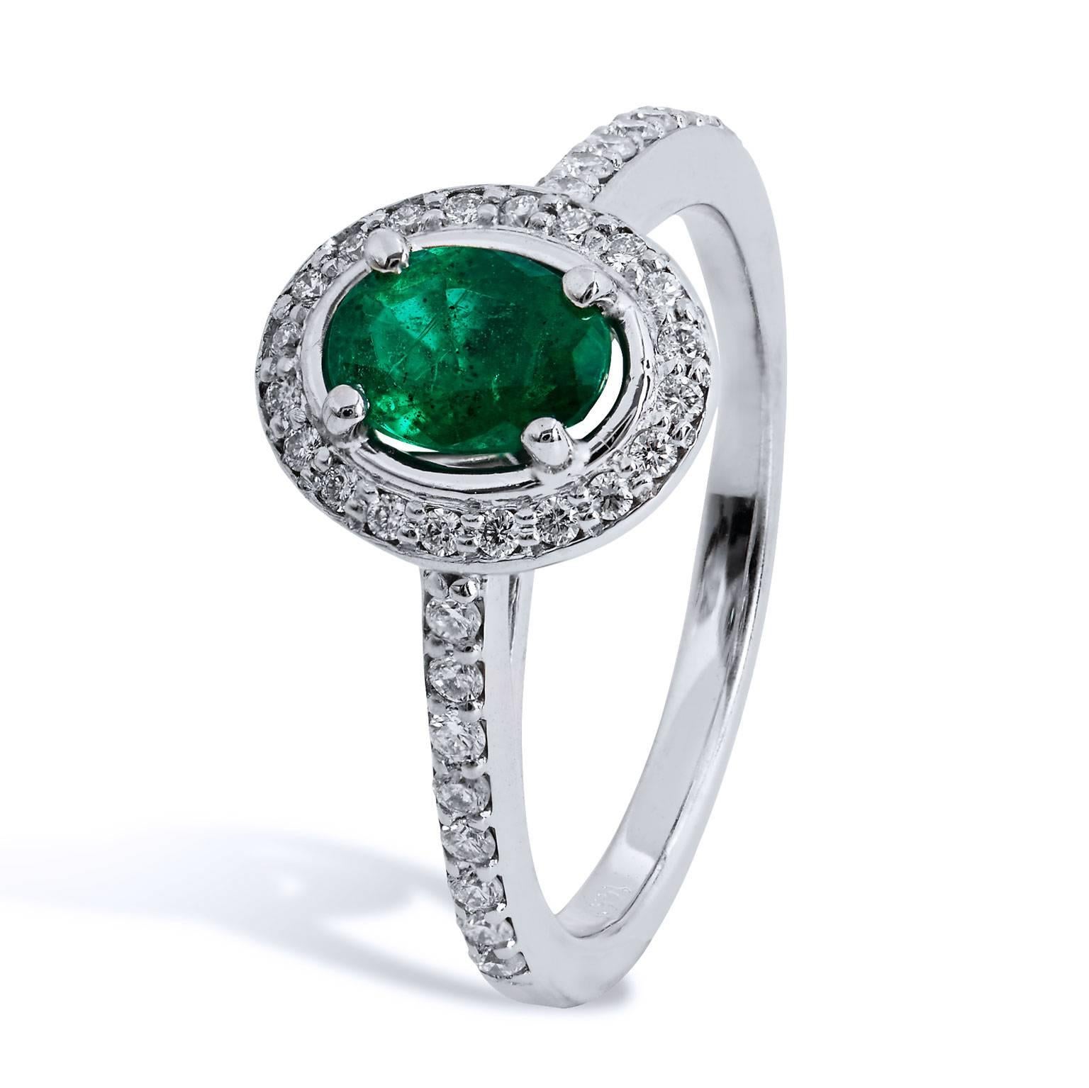 0.64 Carat Zambian Emerald Diamond Palladium Cocktail Ring In Excellent Condition In Miami, FL