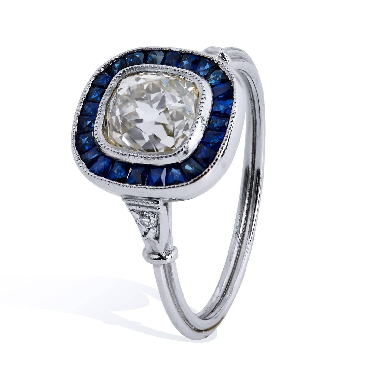 1.44 Carat Old European Cut Diamond Sapphire Platinum Ring In Excellent Condition In Miami, FL