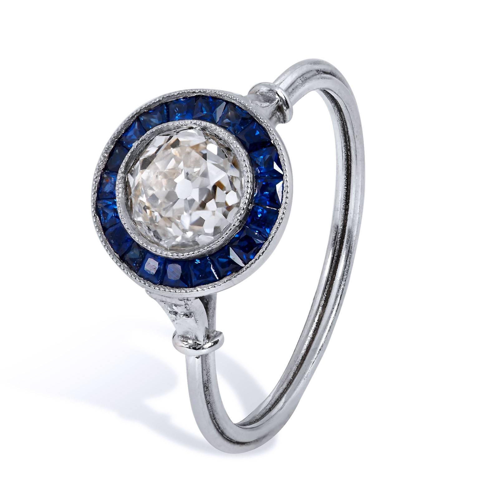 1.16 Carat Old European Cut Diamond Sapphire Platinum Ring In Excellent Condition In Miami, FL