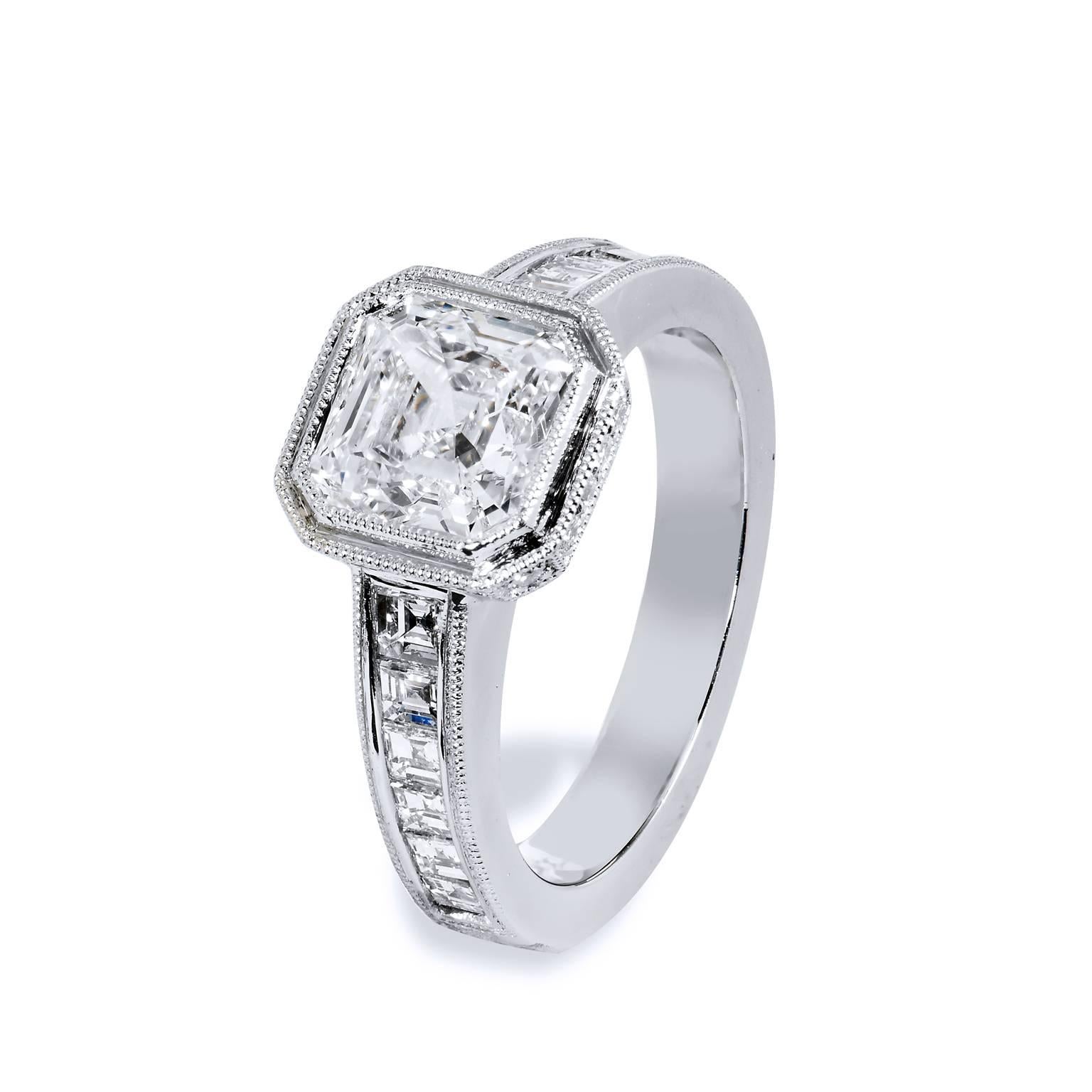 GIA CERT 2.00 Carat Square Emerald Cut Diamond Engagement Ring Carre Cut Band

This is a one of a kind, handmade ring by H&H Jewels. It is an antique inspired platinum engagement ring that features a striking 2.00 carat square emerald cut diamond