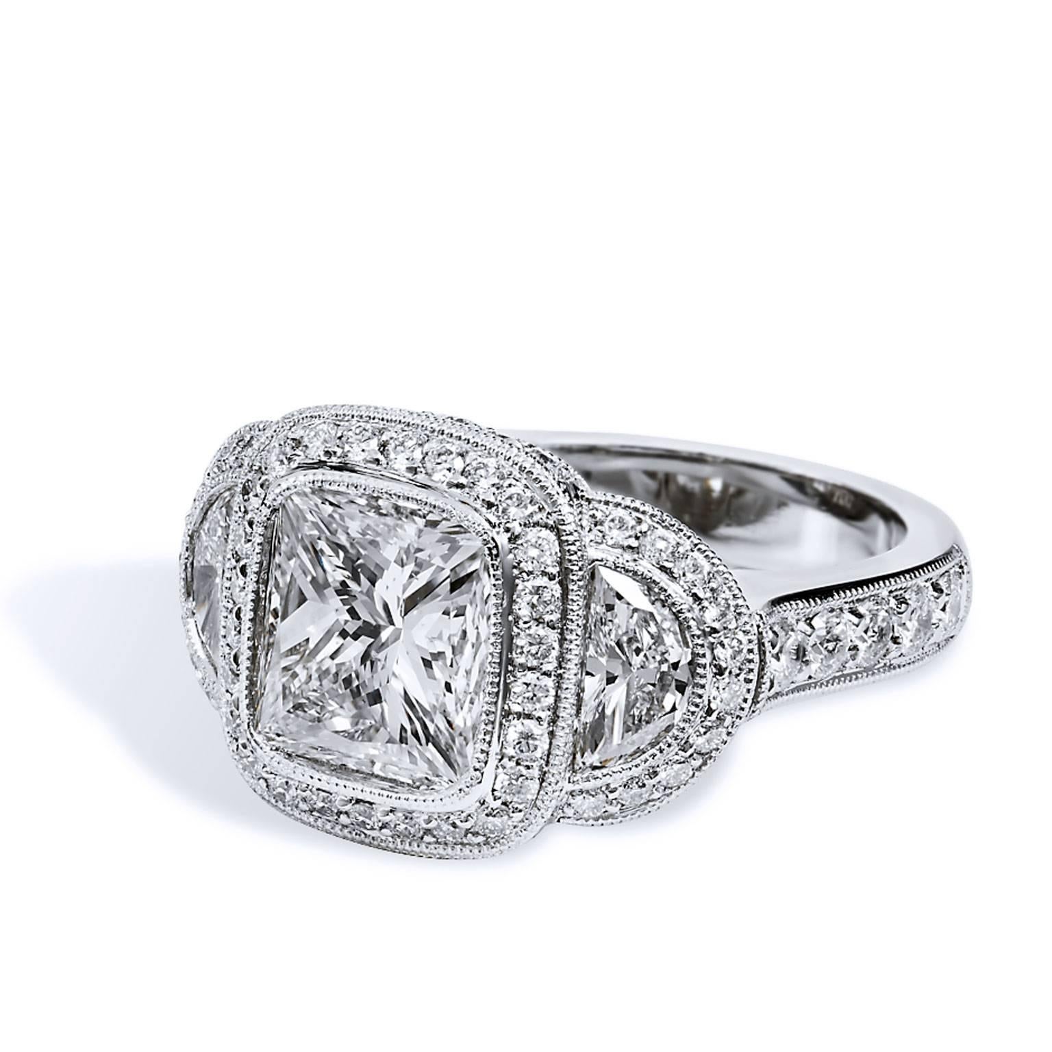 GIA Certified 3.47 Carat Diamond Platinum Engagement Ring Size 

This is an absolutely stunning, handcrafted ring by H&H Jewels. This ring features a luminous, awe-inspiring 3.47 carat modified square brilliant cut bezel set diamond, color I and
