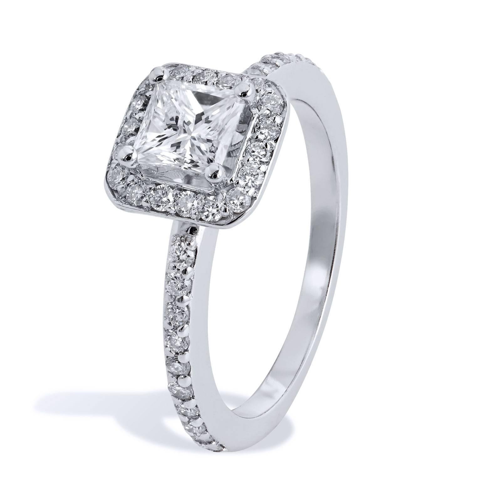 Princess Cut H & H 0.54 Carat Diamond Engagement Ring with Pave Diamond Halo